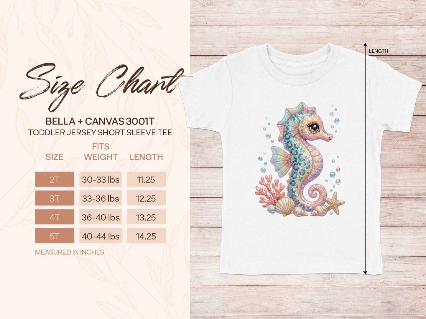 Toddler size chart for Bella + Canvas 3001T tee with seahorse graphic.