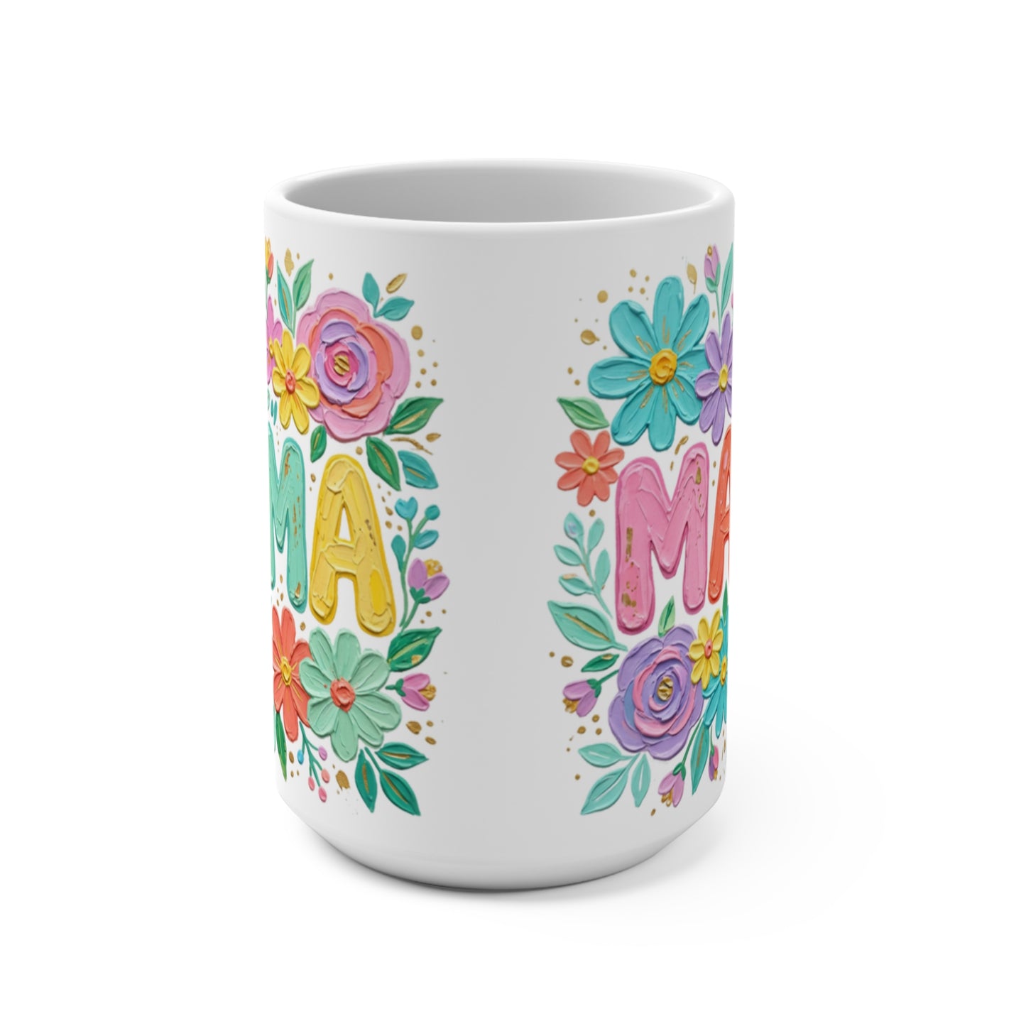 White mug with "MAMA" spelled out in colorful flowers.