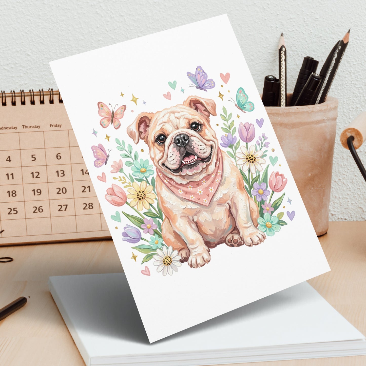 Smiling bulldog in pink bandana surrounded by flowers and butterflies.