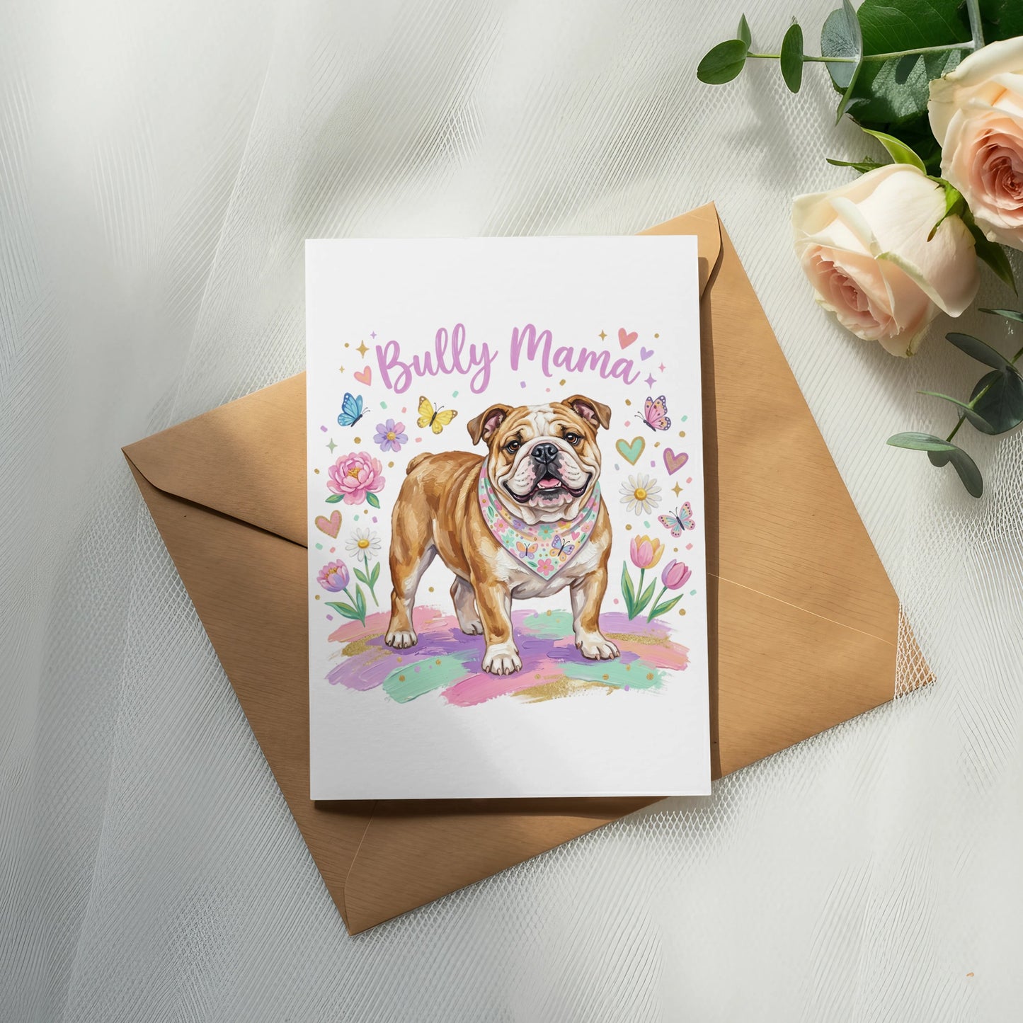 Bulldog wearing a bandana and bandana with "Bully Mama" text and floral accents.