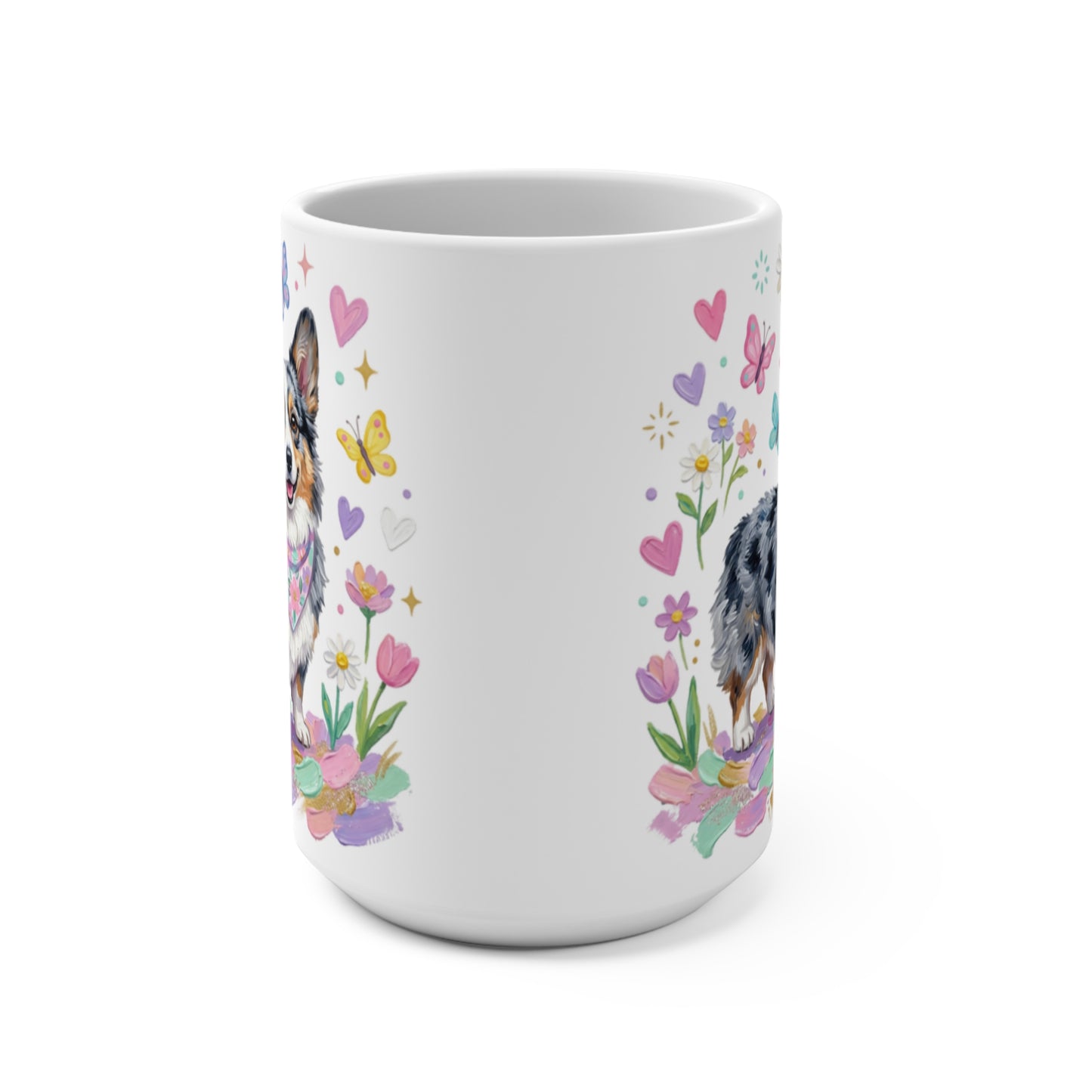 White mug with an Australian Shepherd and colorful floral accents.