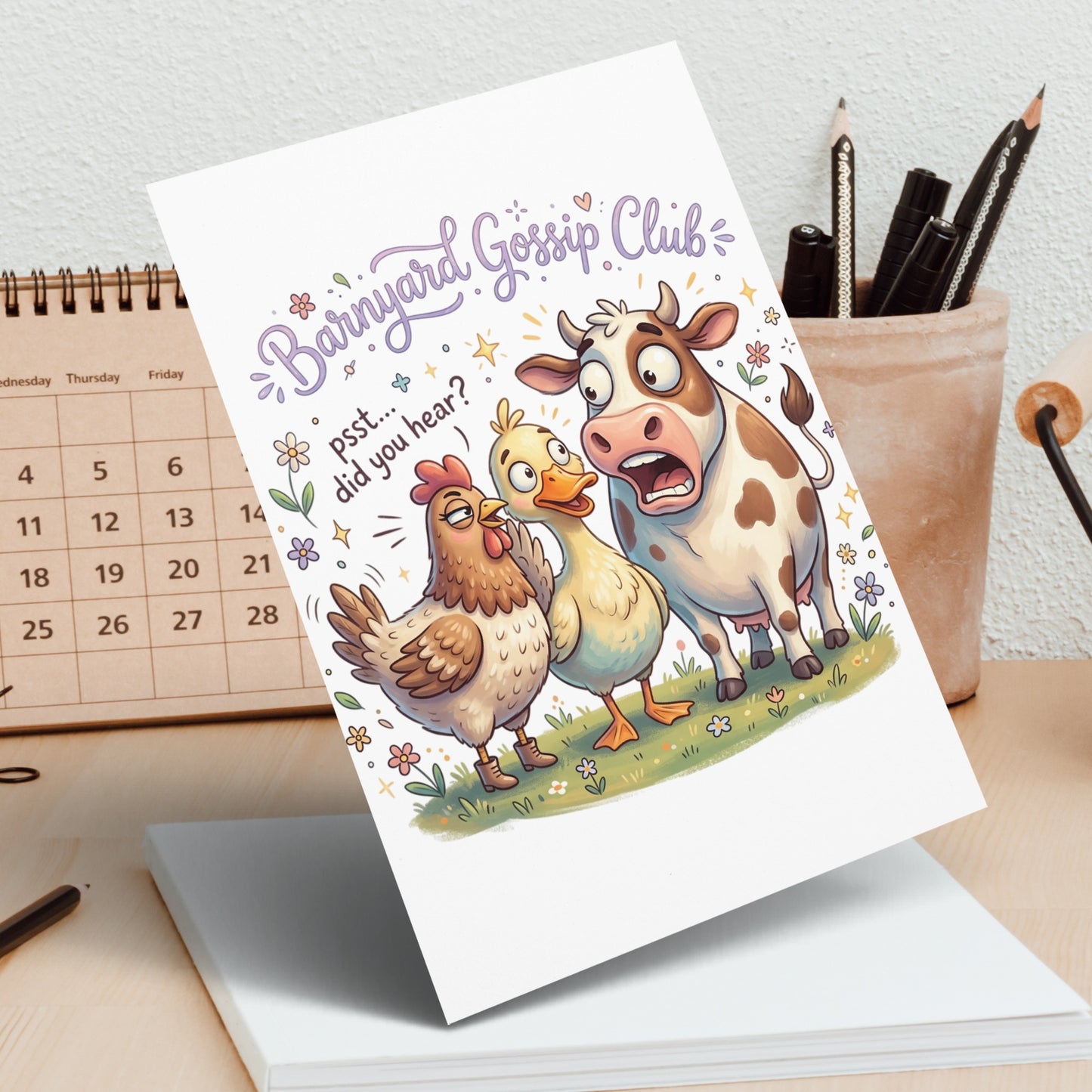 Barnyard Gossip Club card with cow, chicken, and duck characters.
