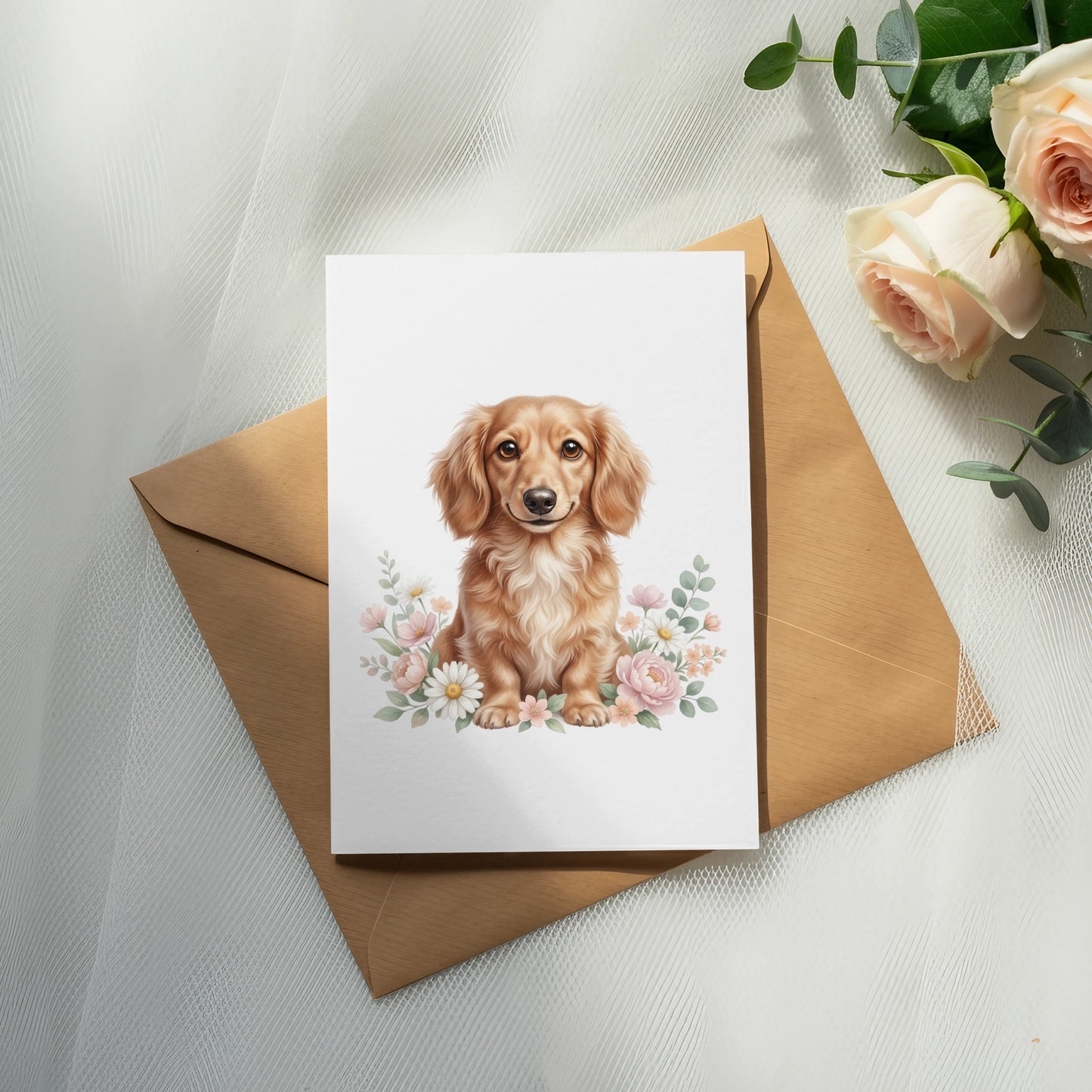 Dachshund puppy surrounded by flowers on a greeting card.