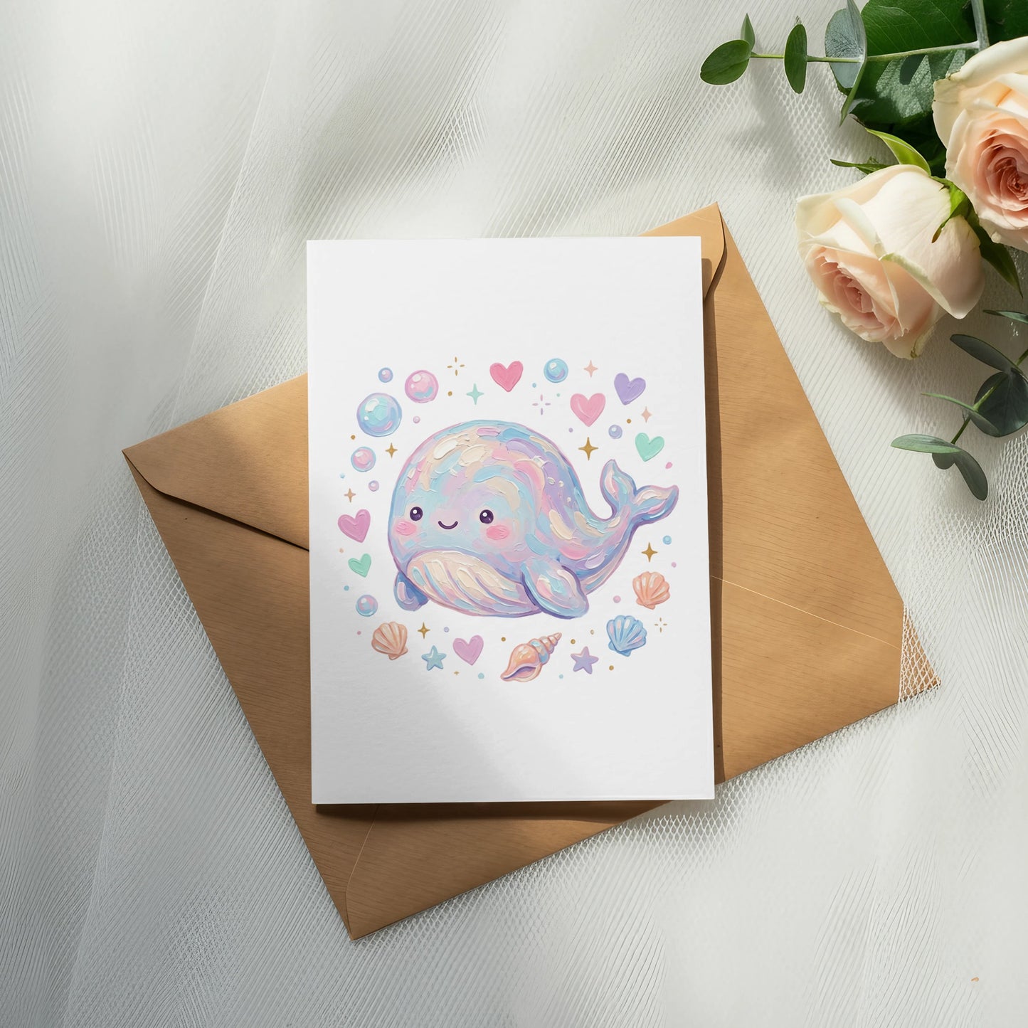 Card featuring a smiling pastel whale with hearts, bubbles, and shells.