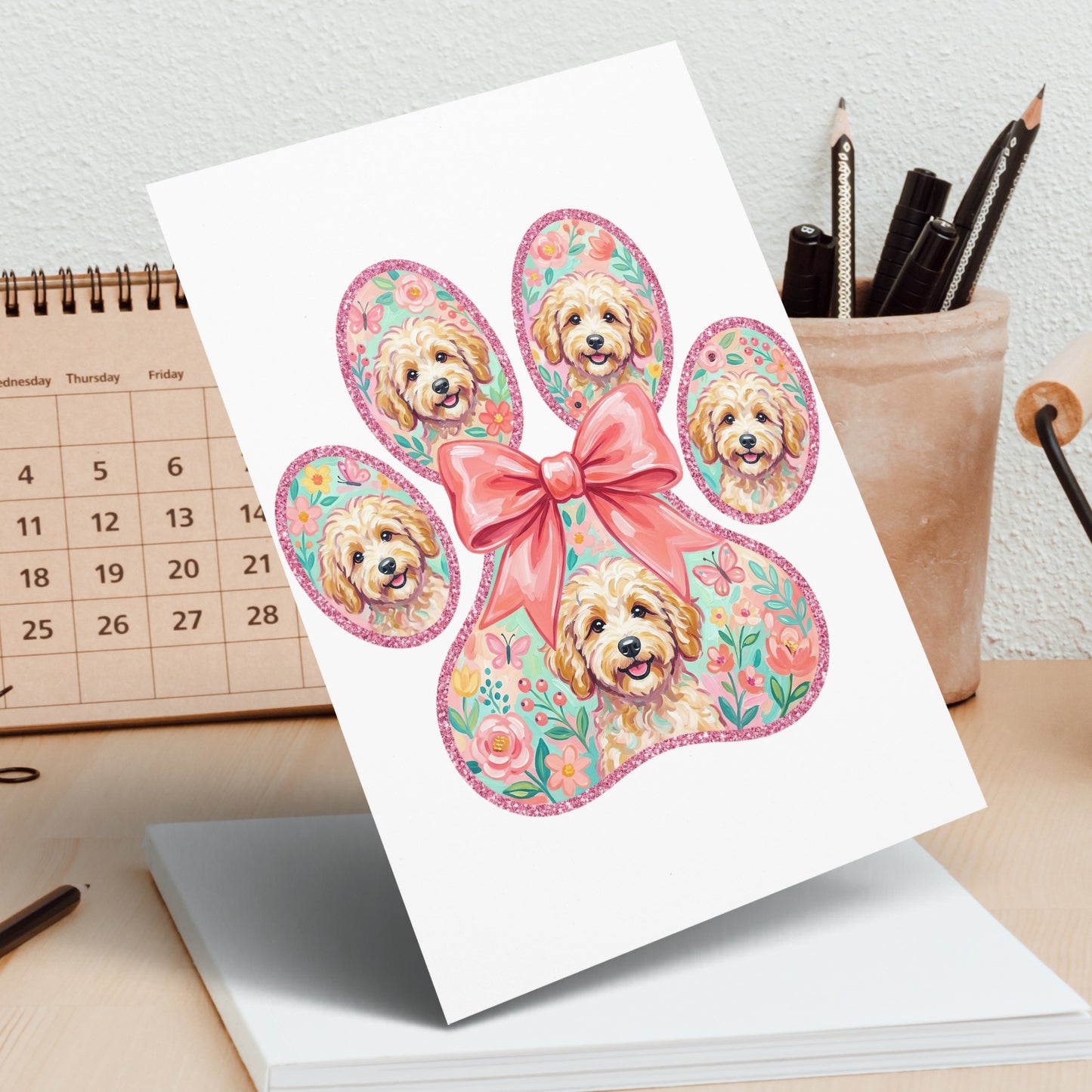 Greeting card featuring a paw print with multiple dog portraits and a pink bow.