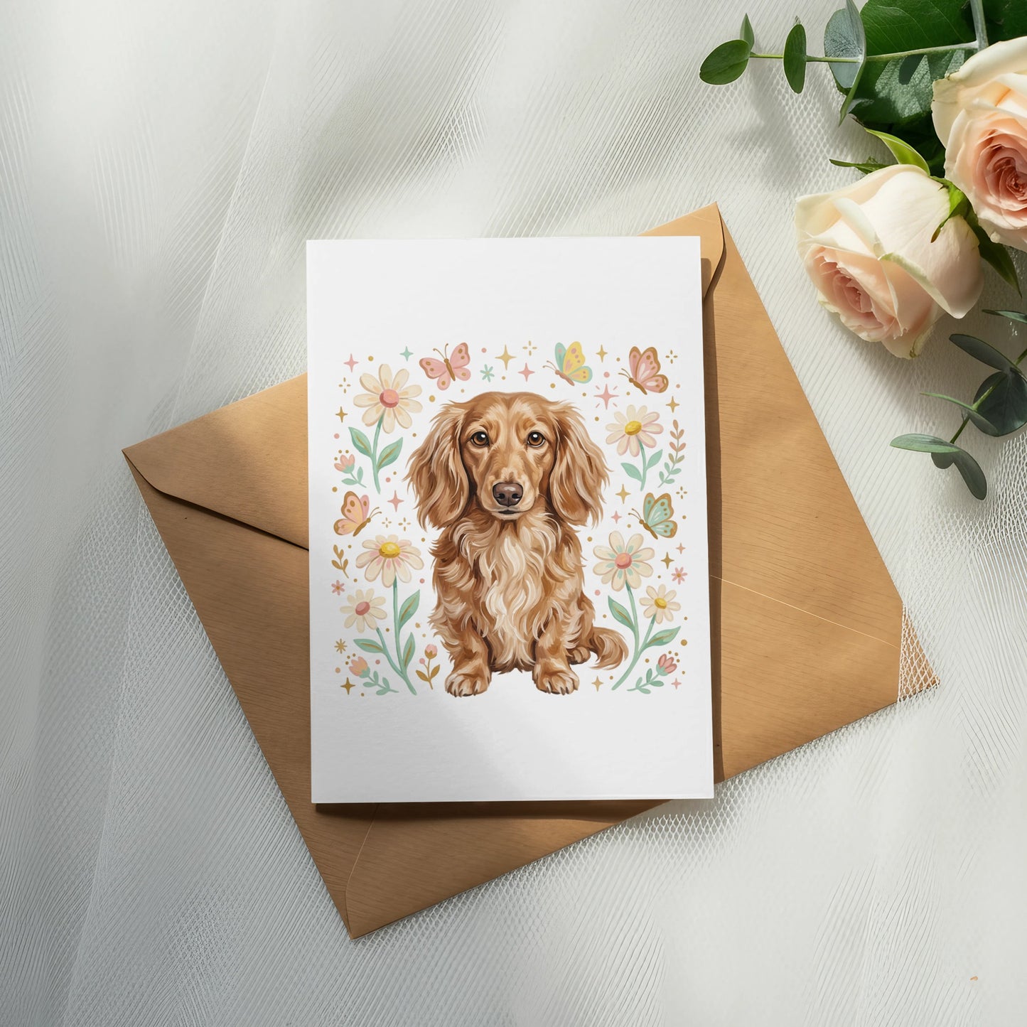 Brown dachshund with butterflies and flowers on a greeting card.