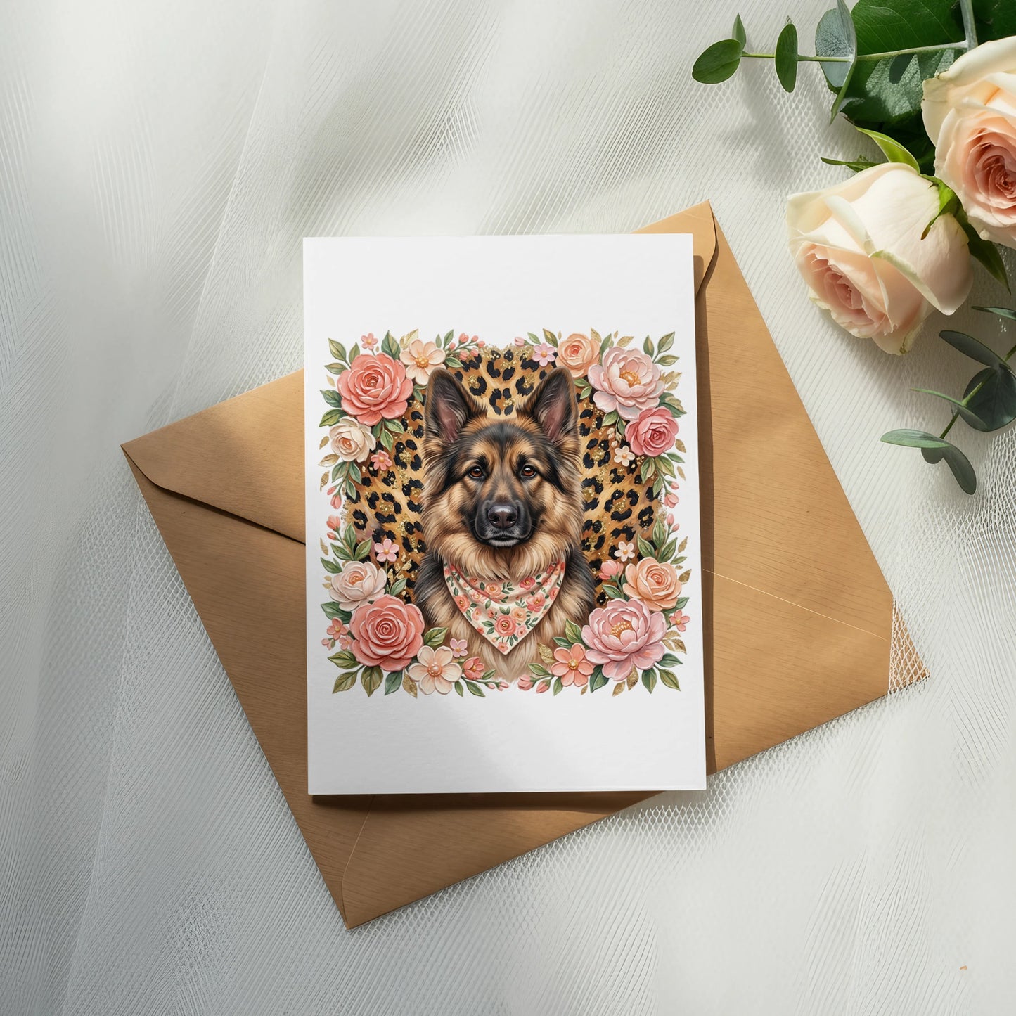German Shepherd wearing a bandana, surrounded by flowers, on an envelope.