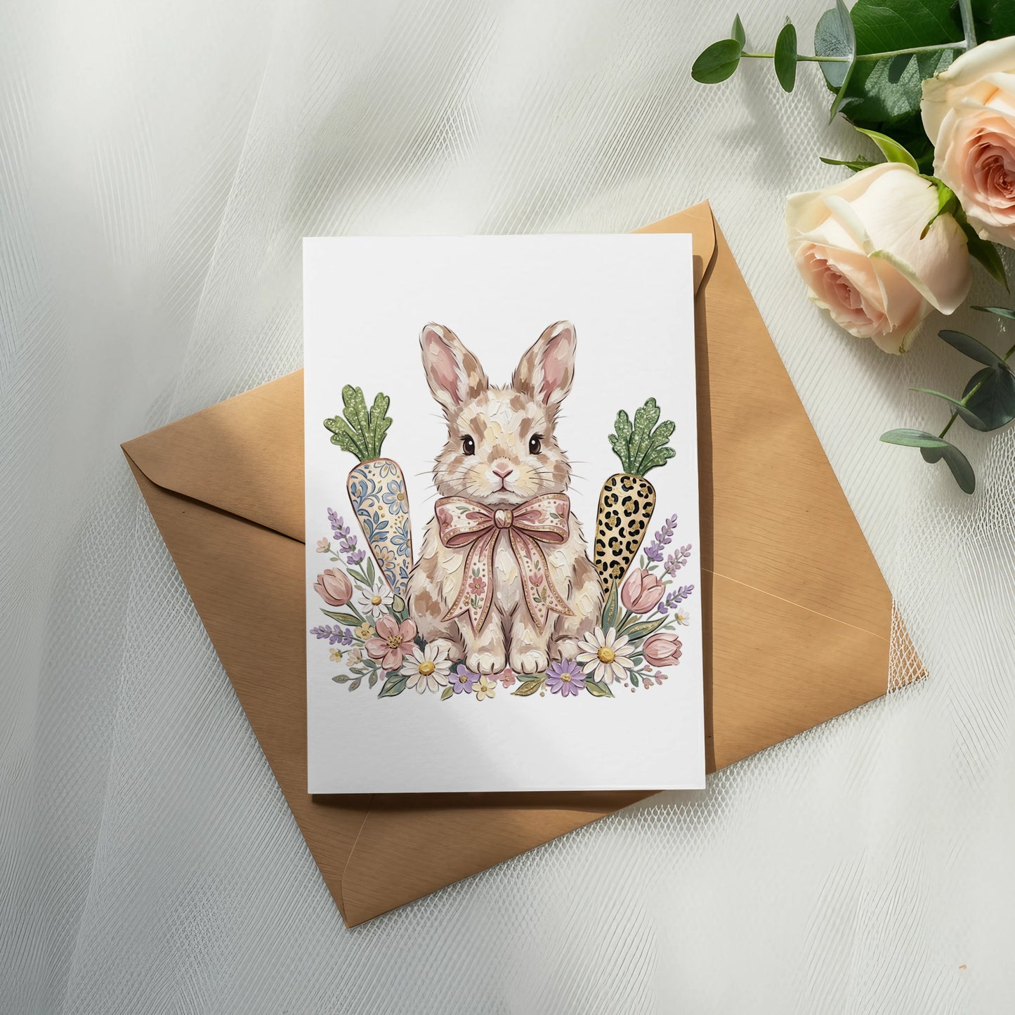 Easter card with a bunny, carrots, flowers, and a brown envelope.