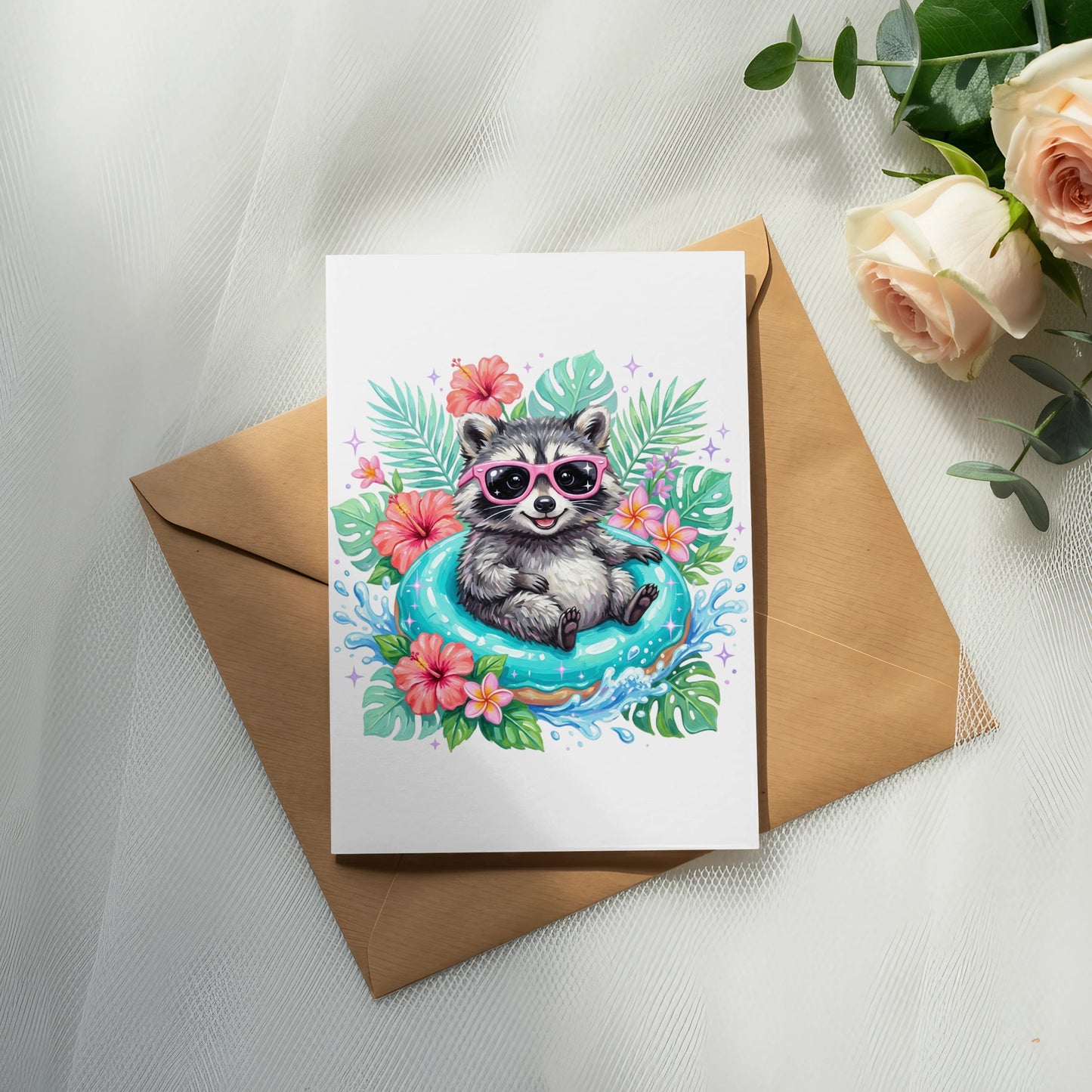 Raccoon in sunglasses on an inflatable ring with tropical flowers and leaves.