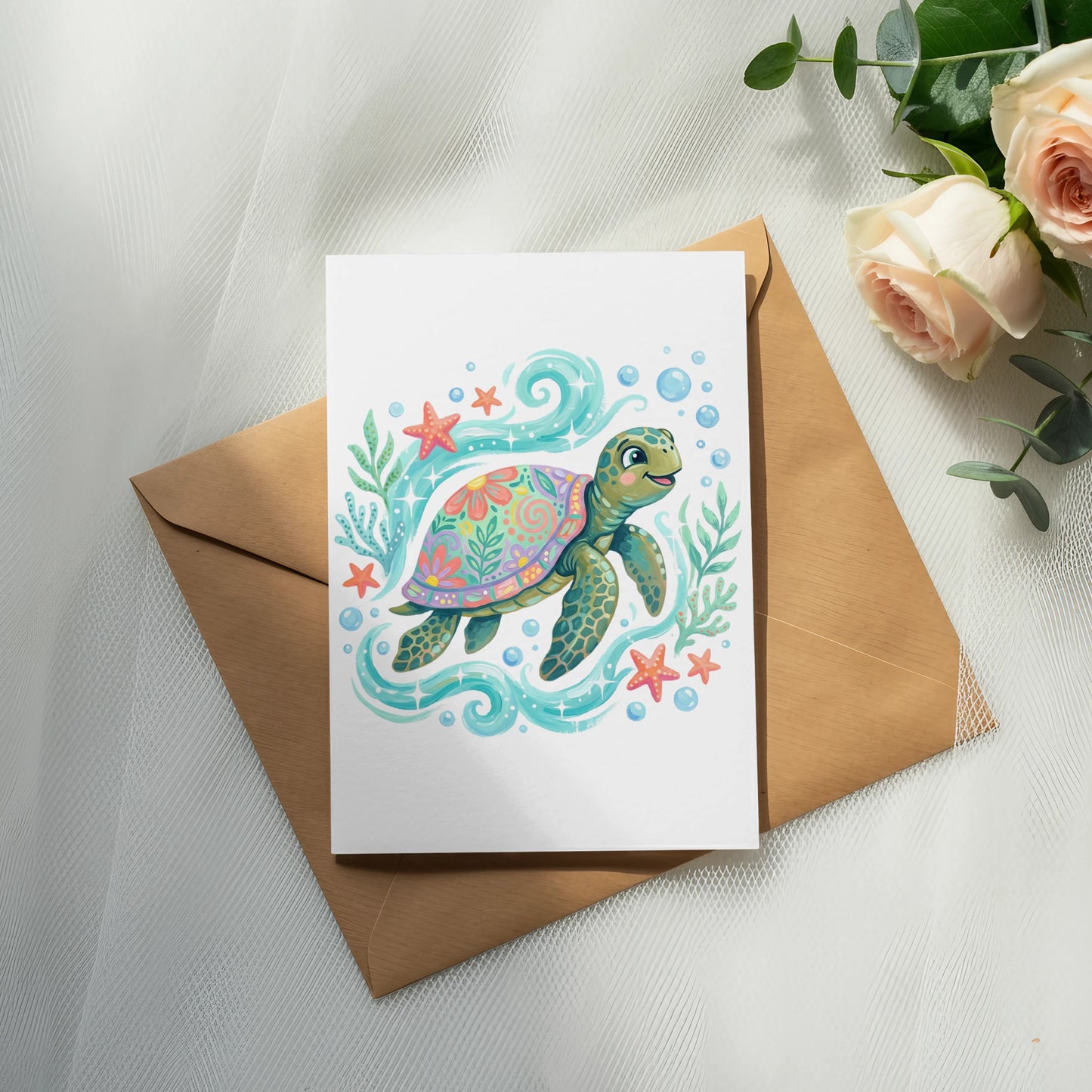 Whimsical illustration of a colorful sea turtle with starfish and bubbles on a card.