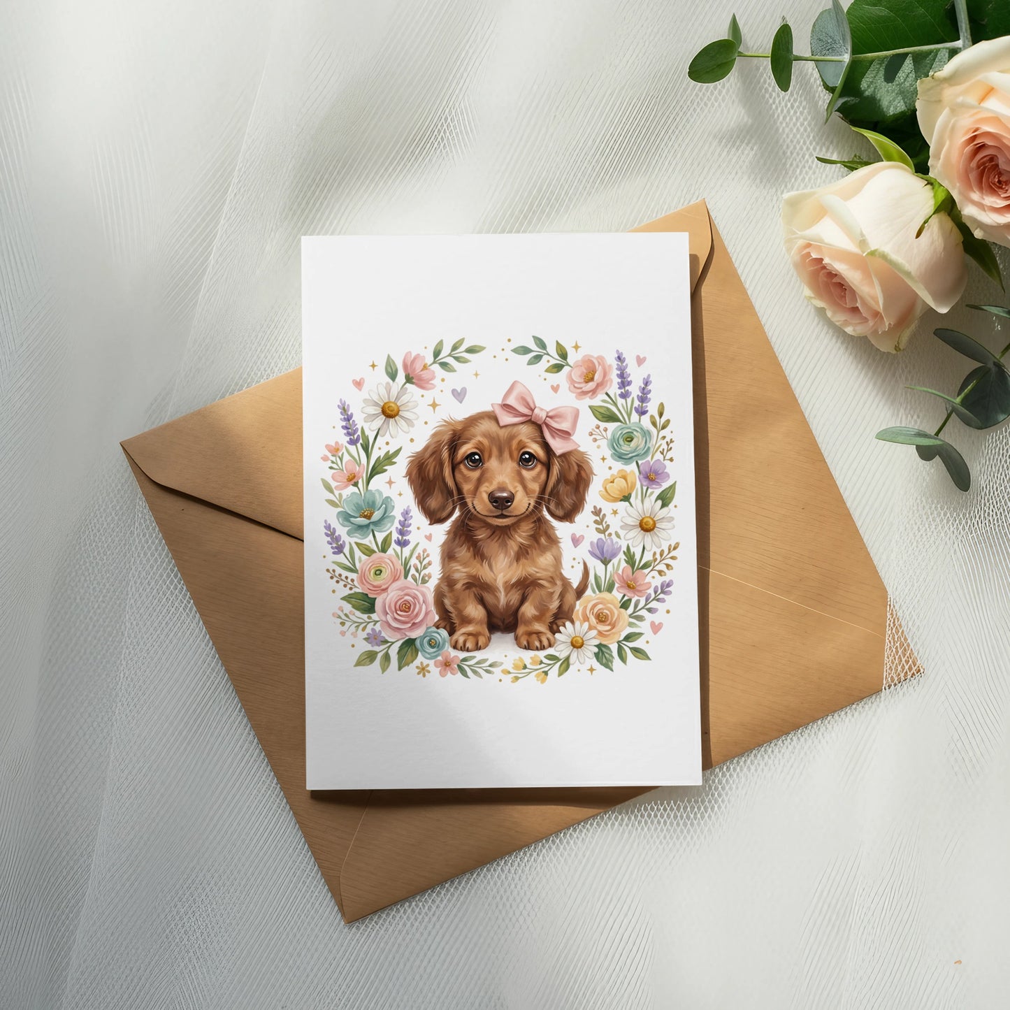 Dachshund puppy with pink bow on card surrounded by floral wreath.