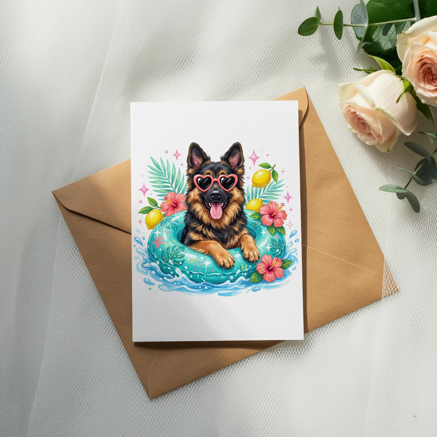 German Shepherd in a pool float with heart sunglasses and lemons.