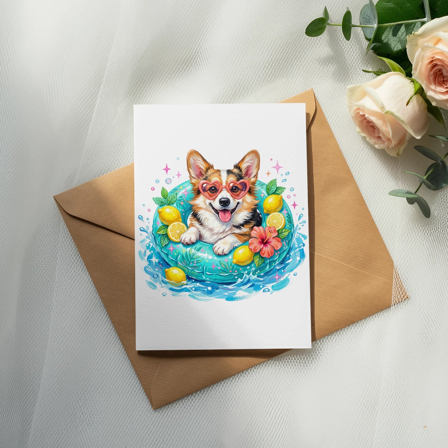 Card with corgi wearing heart sunglasses in a pool float.