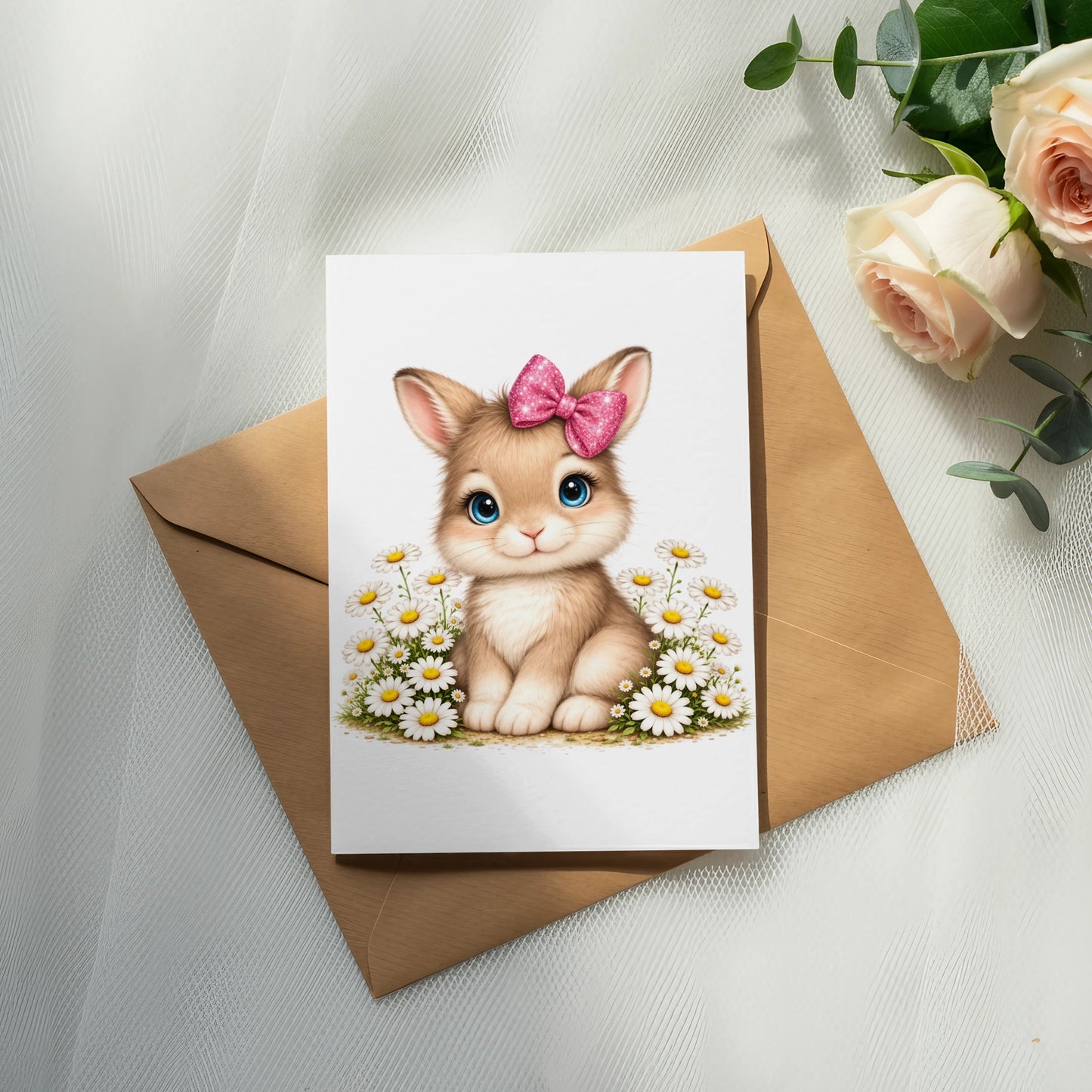 Cute bunny with pink bow on card surrounded by daisies and rose petals.