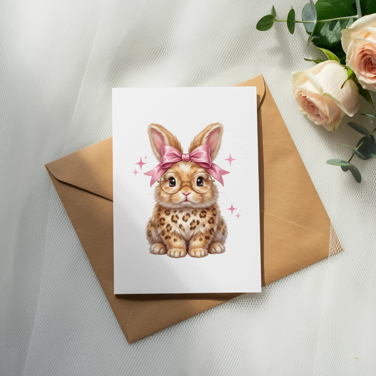 Cute bunny wearing glasses and a pink bow on a card.