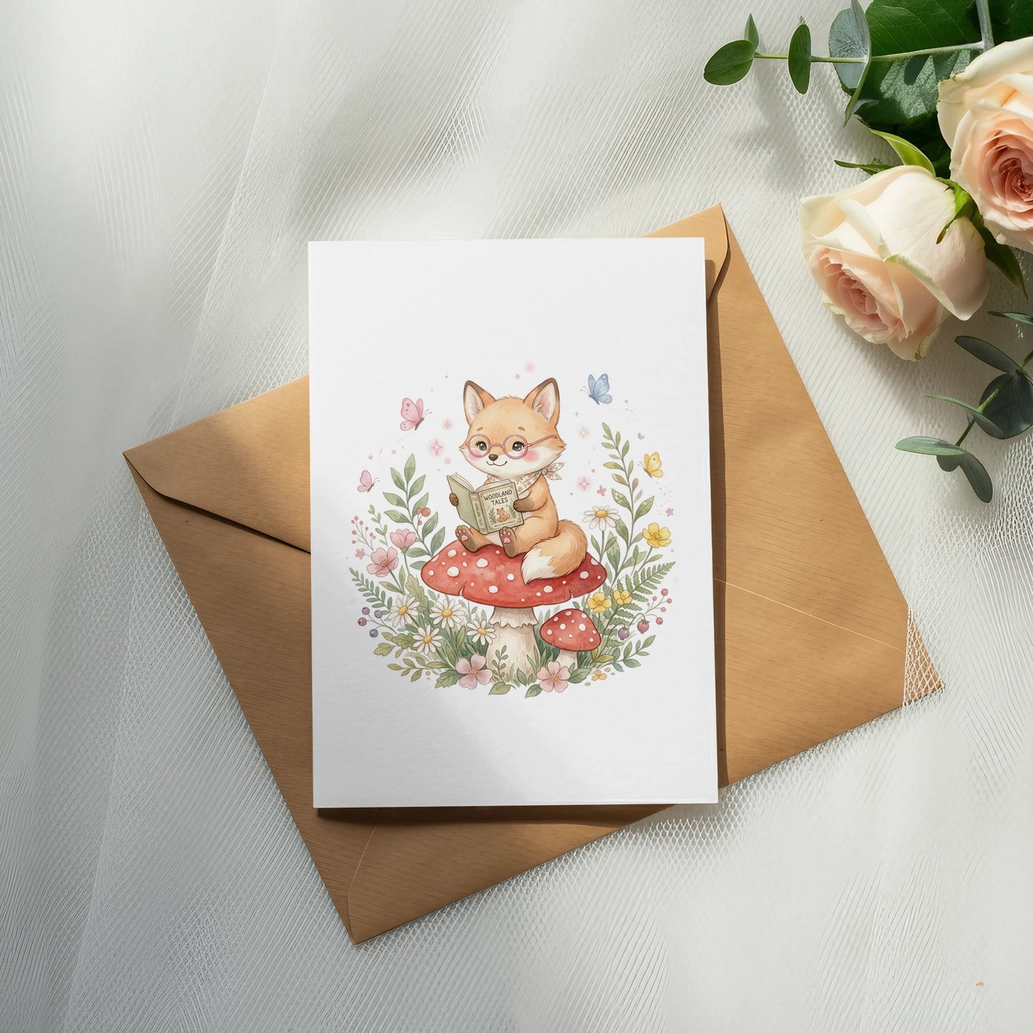 Cute fox wearing glasses reading a book on a mushroom.