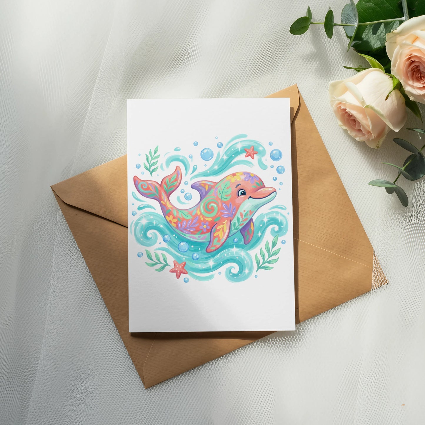 Whimsical dolphin illustration with floral and star patterns on a greeting card.