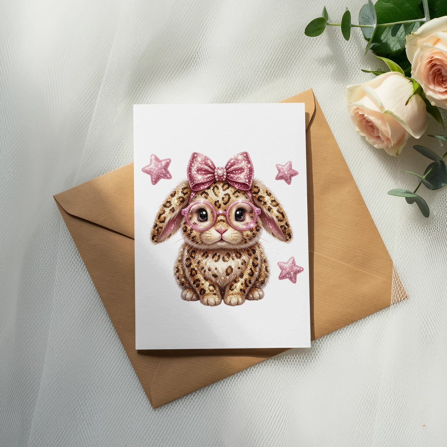 Leopard print bunny with pink bow and glasses on a card.