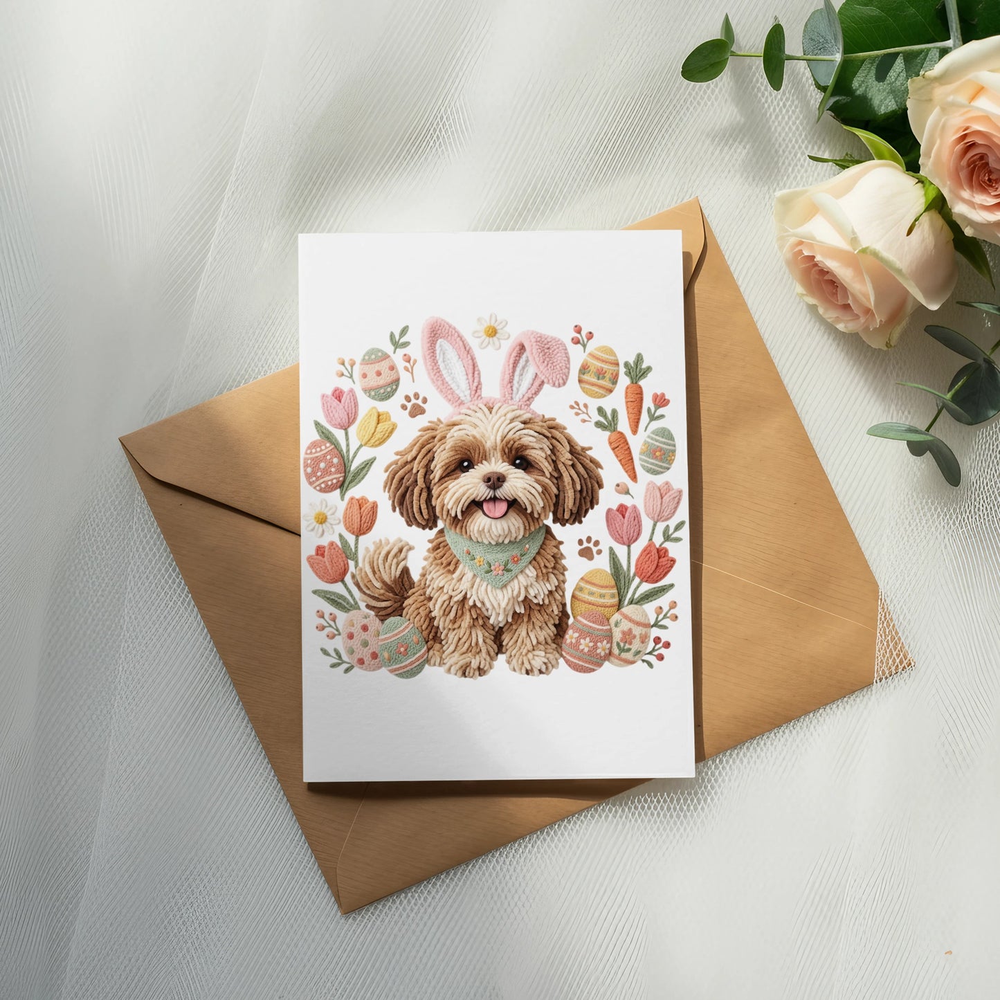 Dog wearing bunny ears and a bandana, surrounded by Easter eggs and flowers.