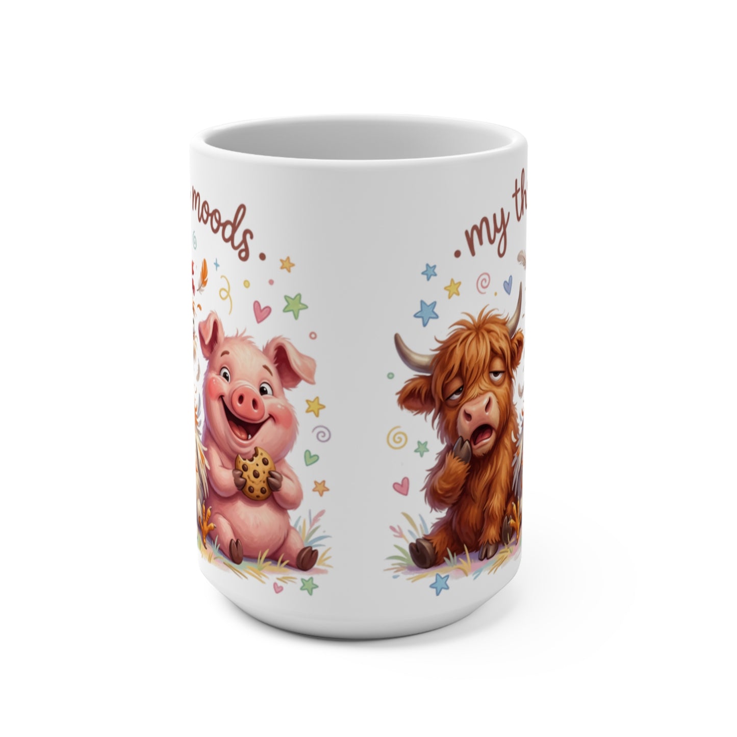 Mug with cartoon pig and cow characters, one eating a cookie, the other sleepy.