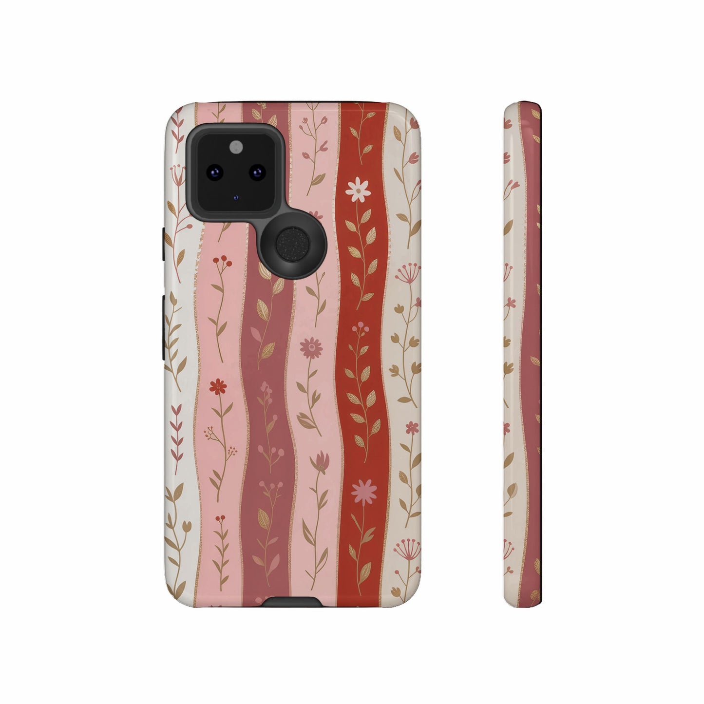 Two views of a phone case with a pink and cream striped floral pattern.