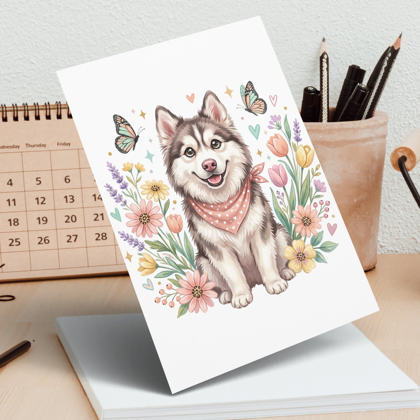 Happy husky with pink bandana among flowers and butterflies.