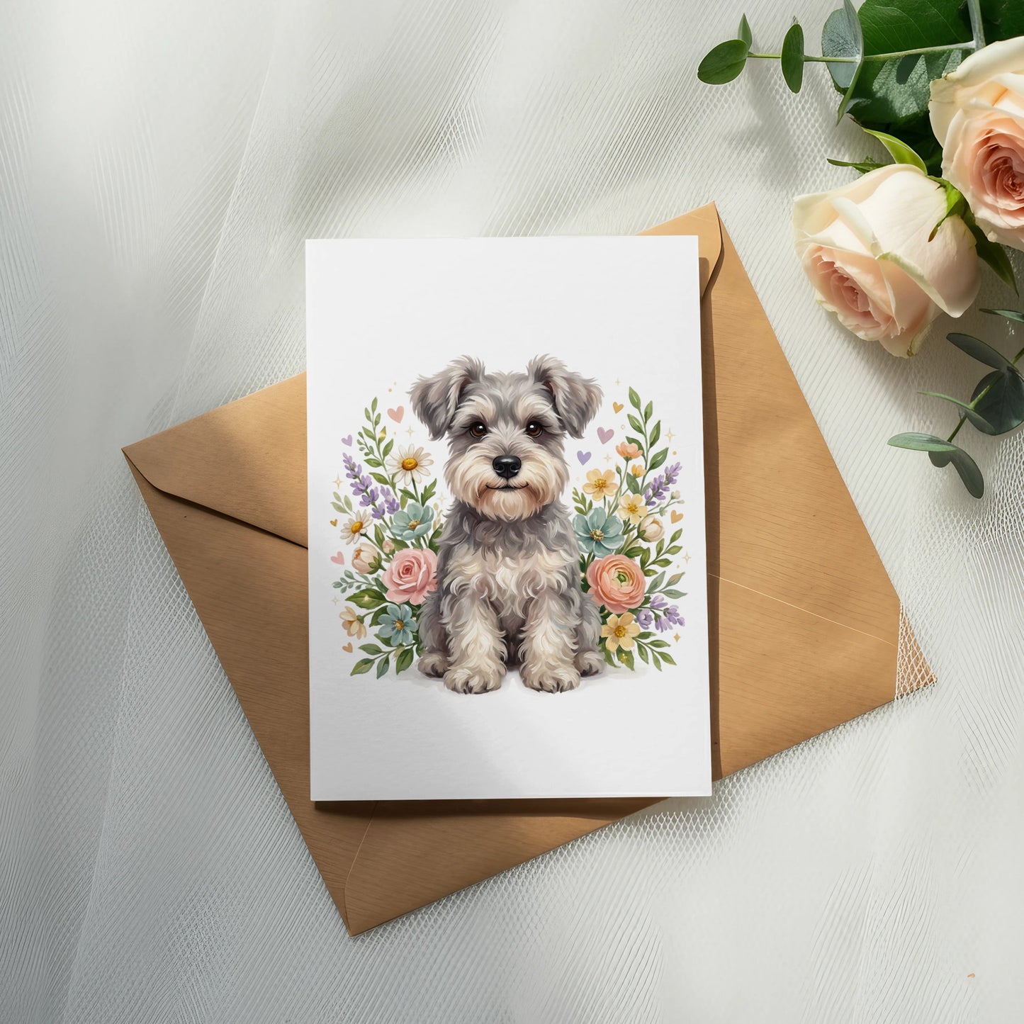 Schnauzer dog surrounded by flowers on a greeting card.