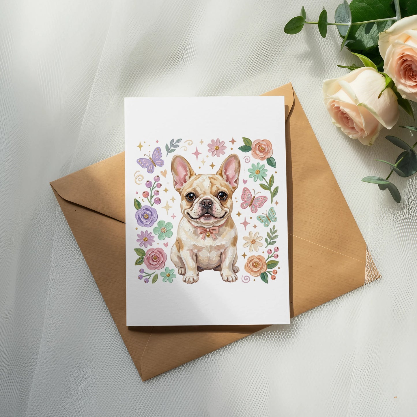 Card with French bulldog illustration, butterflies, and flowers, on a brown envelope.