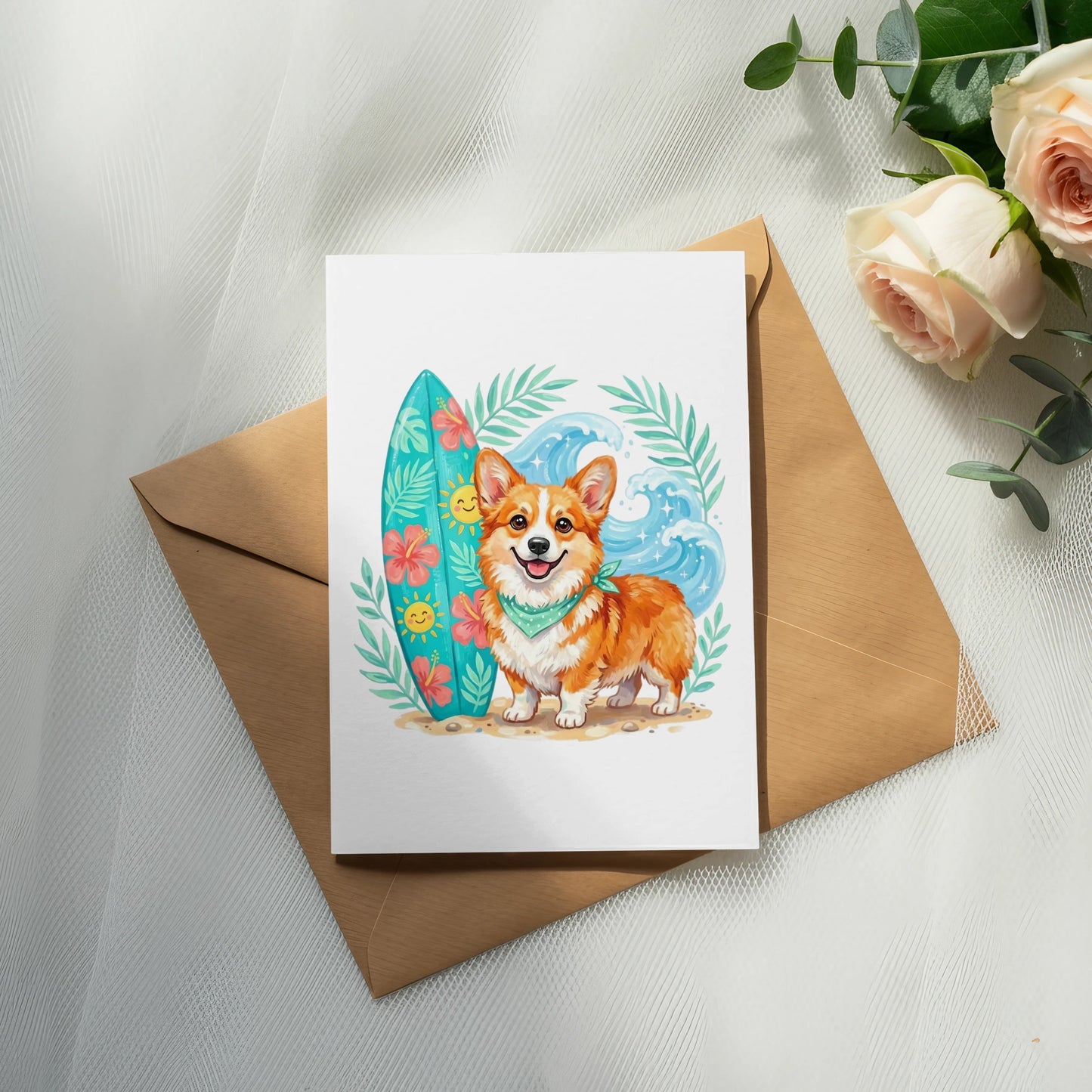 Corgi wearing a bandana stands next to a surfboard with a tropical wave.