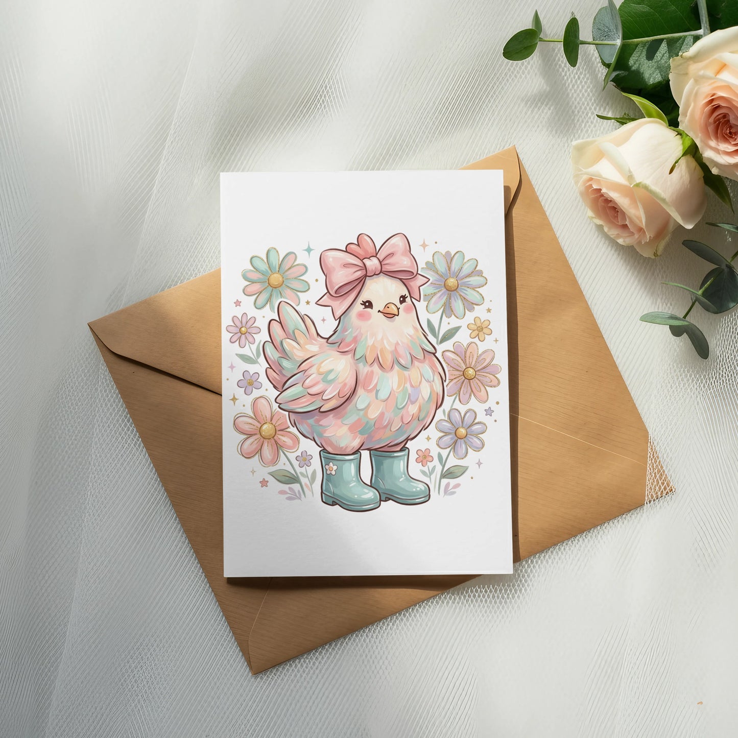 Illustration of a cute chicken wearing boots and a bow on a card.