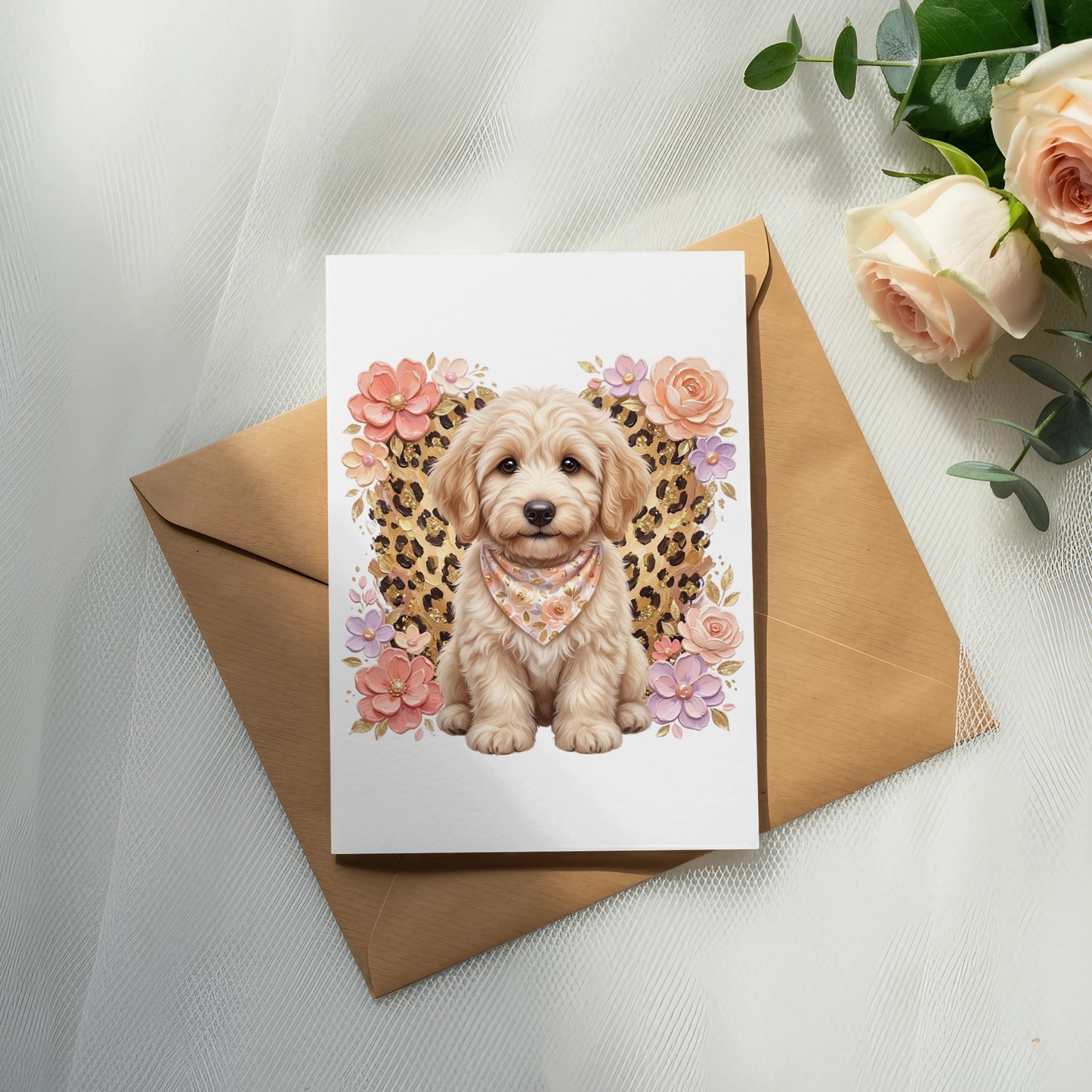 Card featuring a cute golden doodle dog with floral and leopard print heart background.