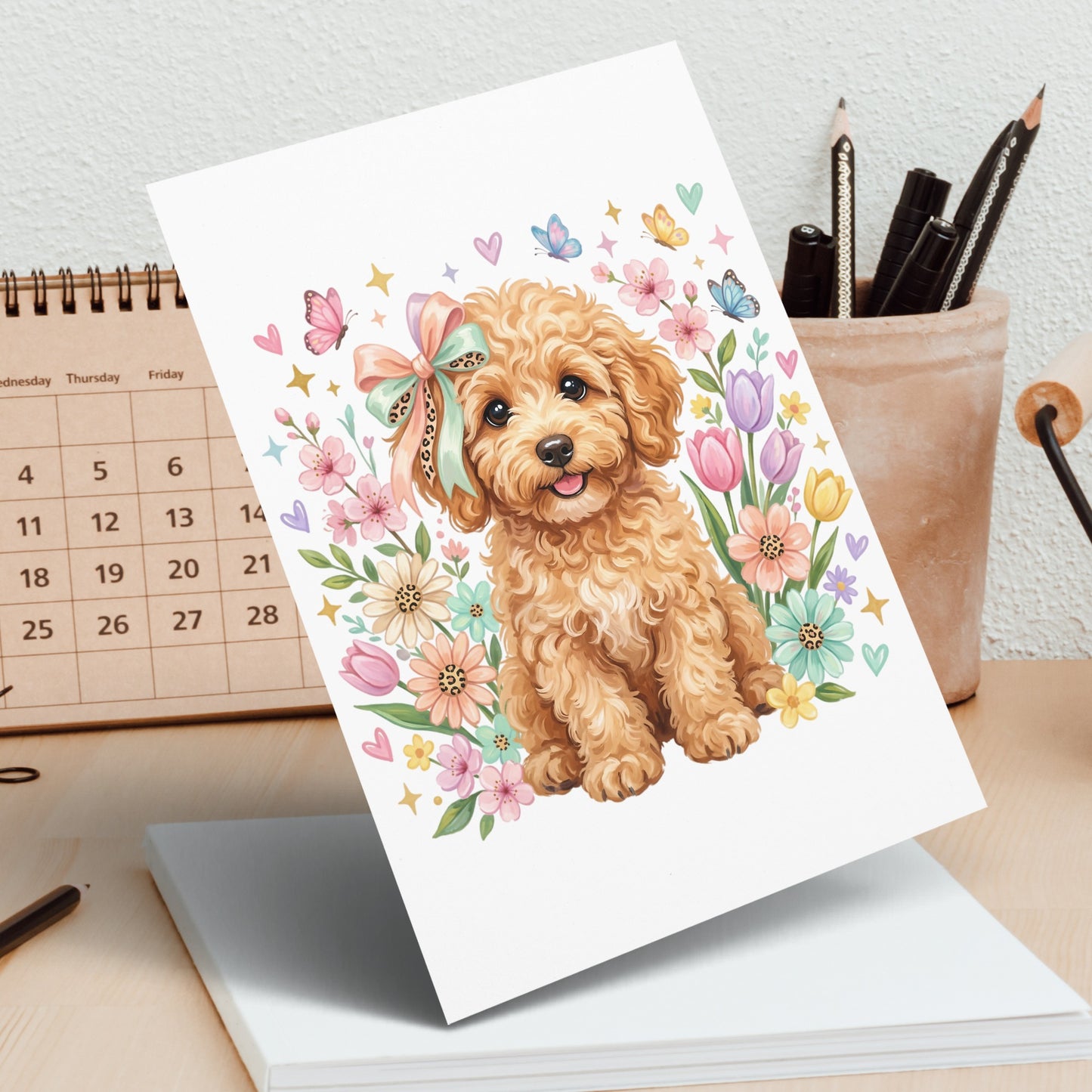 Card featuring a fluffy puppy wearing a bow, surrounded by colorful flowers and butterflies.
