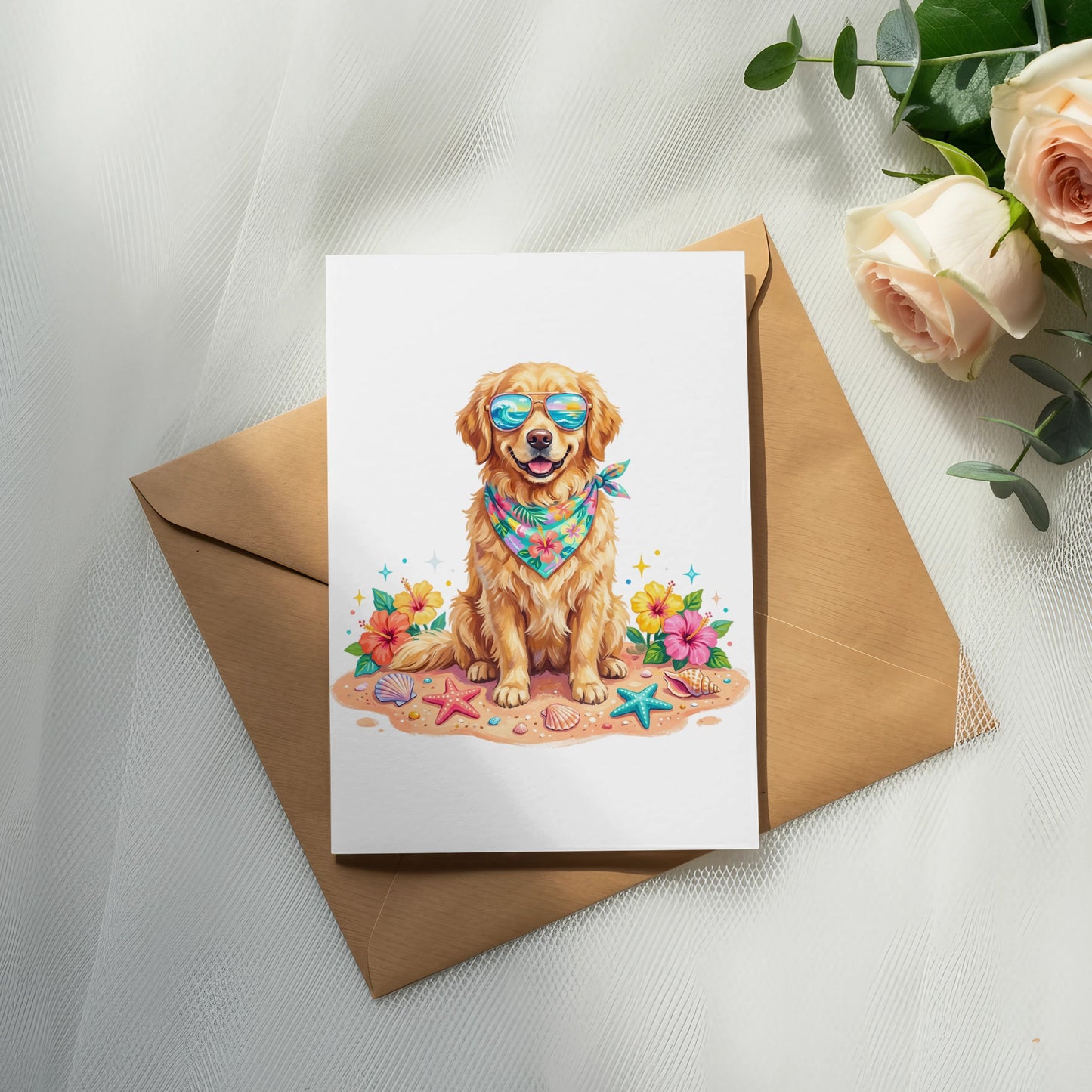 Golden retriever wearing sunglasses and a bandana on a greeting card.