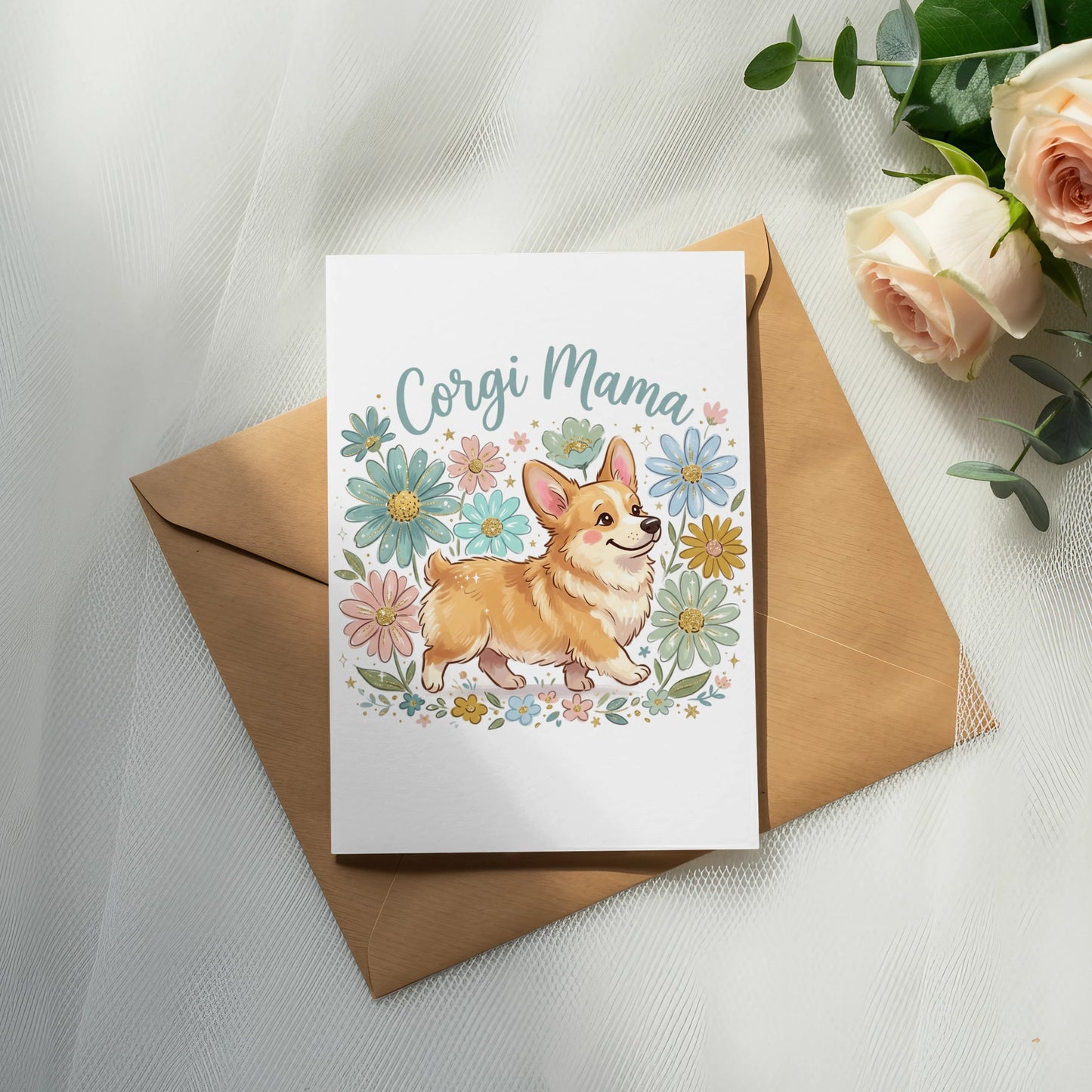 Card with "Corgi Mama" text and illustration of a corgi surrounded by flowers.