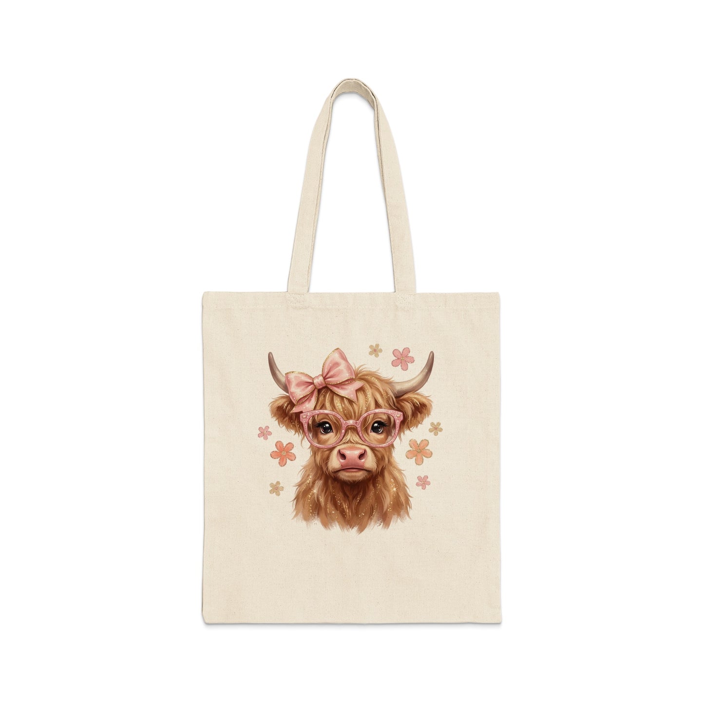 Tote bag with a Highland cow wearing glasses and a pink bow.