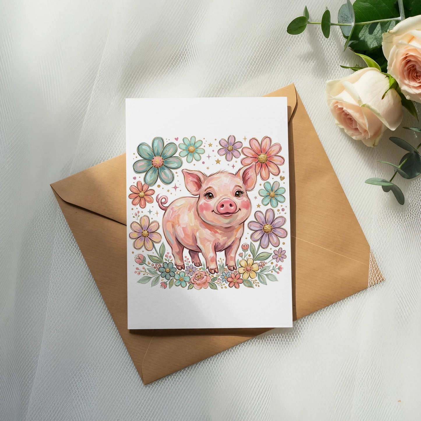 Whimsical pig illustration surrounded by colorful flowers on a card.