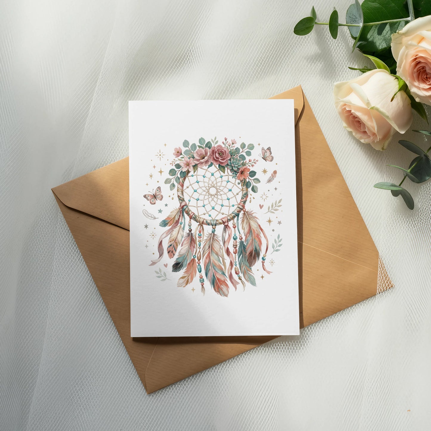 Dreamcatcher illustration with flowers and butterflies on an envelope with roses.