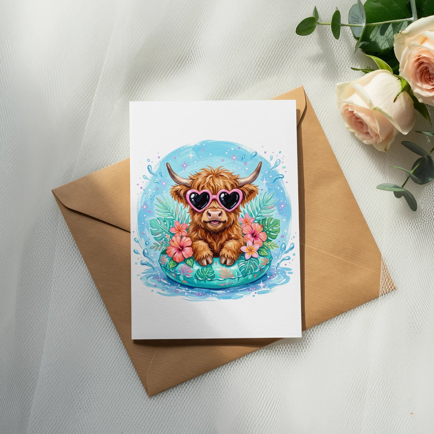 Highland cow wearing heart sunglasses on a pool float.