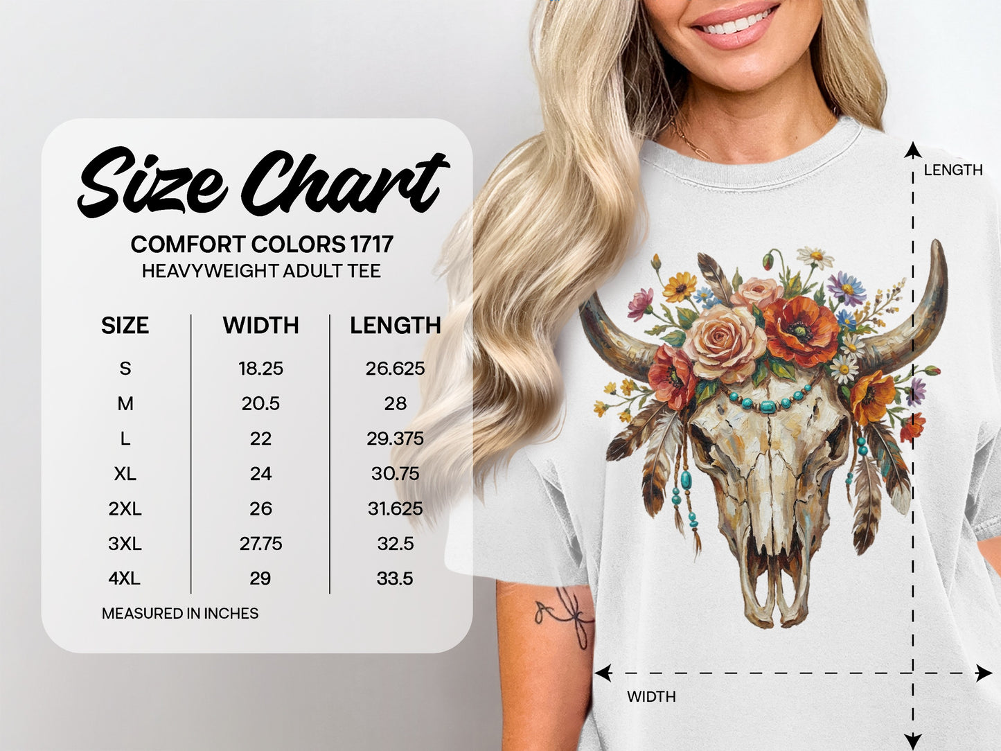 Size chart for Comfort Colors 1717 heavyweight adult tee with measurements.
