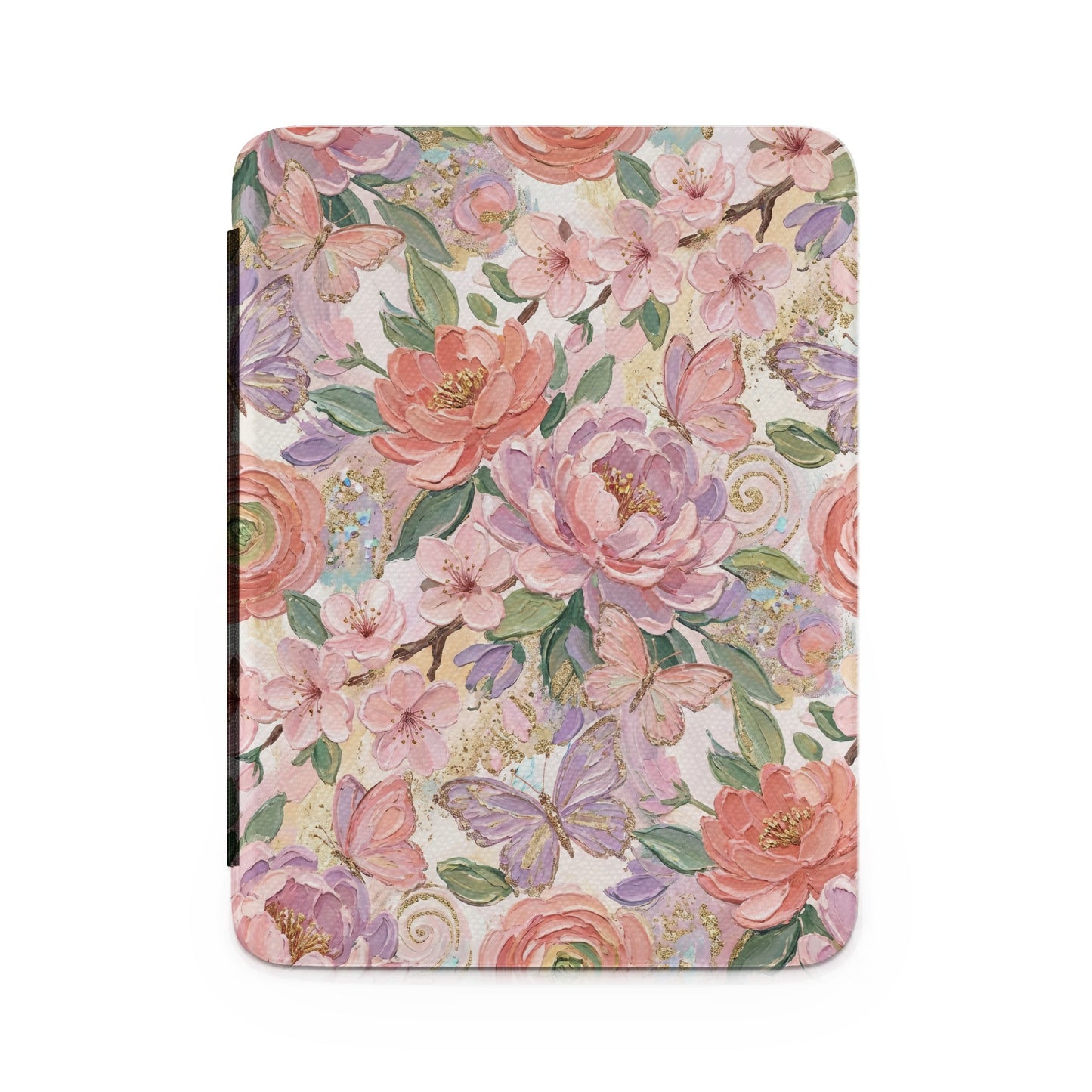 Floral pattern with pink peonies, roses, and butterflies on a tablet cover.