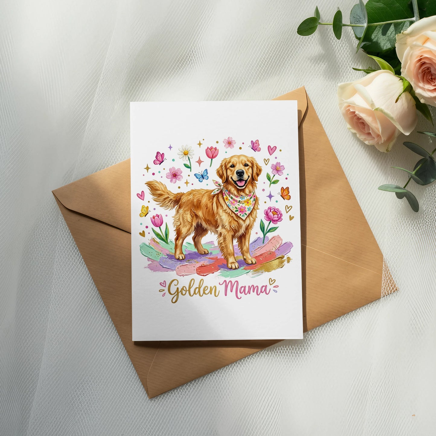 Golden Retriever wearing a bandana, on a card with "Golden Mama" text.