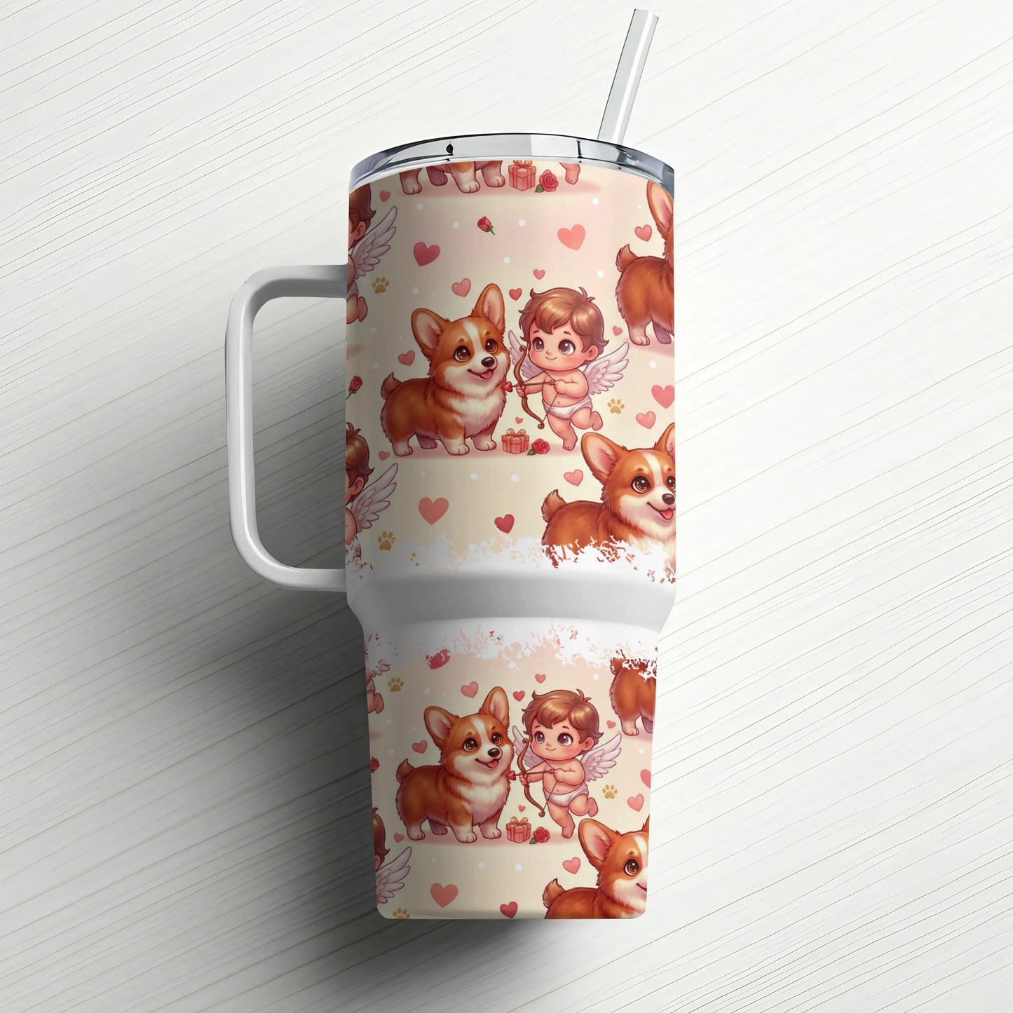 Corgy and cupid pattern on a travel tumbler with straw.