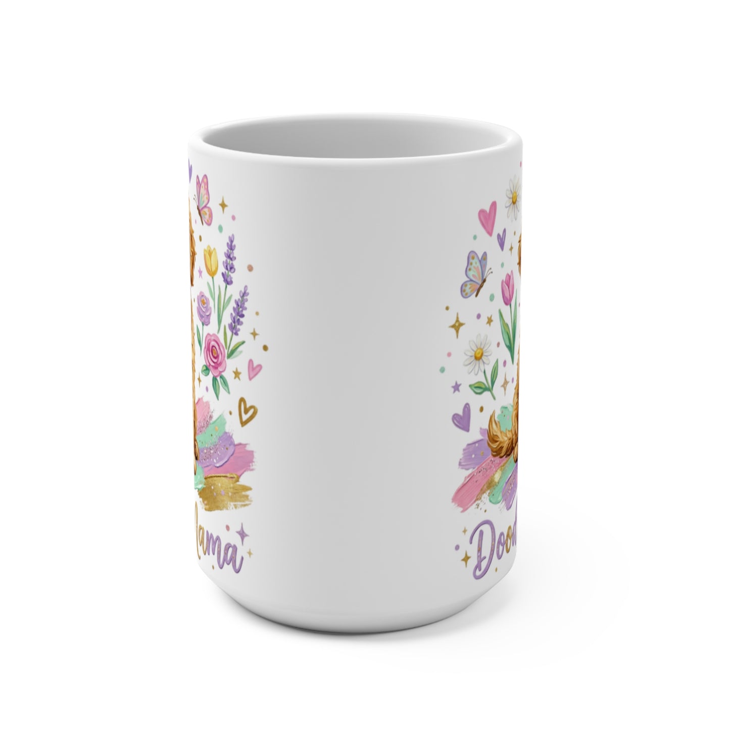 White mug with colorful floral and butterfly doodles and "Doodle Mama" text.