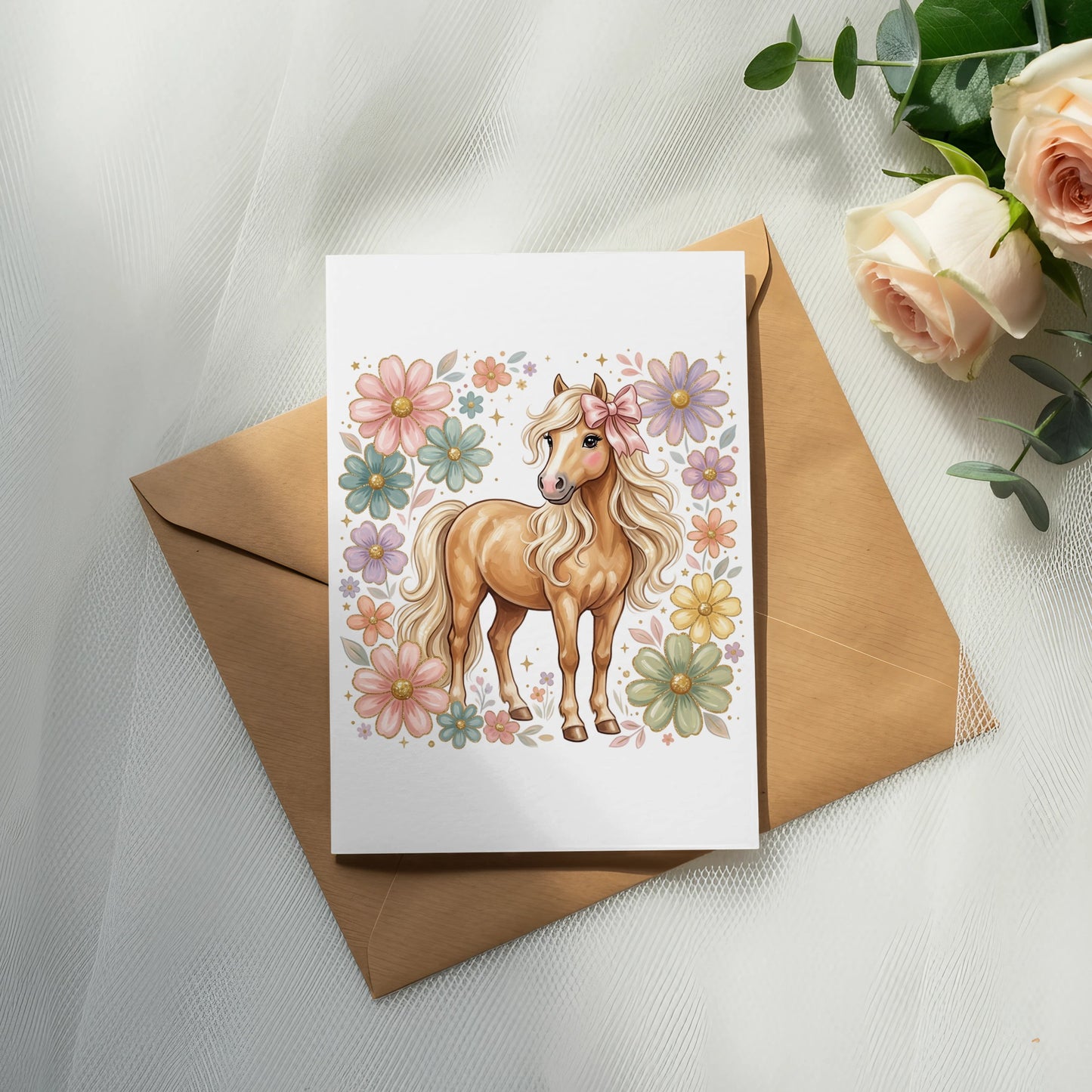 Card with cartoon pony surrounded by pastel flowers and a bow.