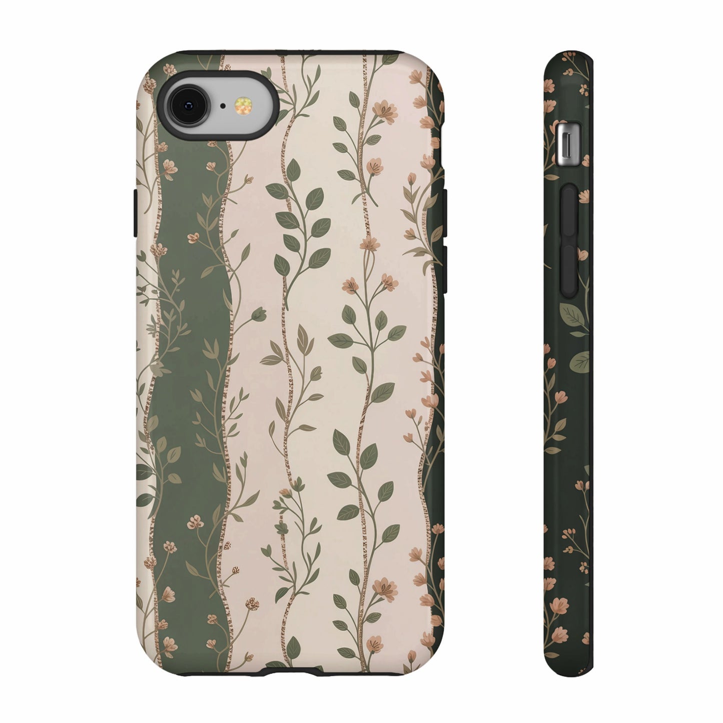 Floral patterned phone case in muted green and beige with vertical vines.