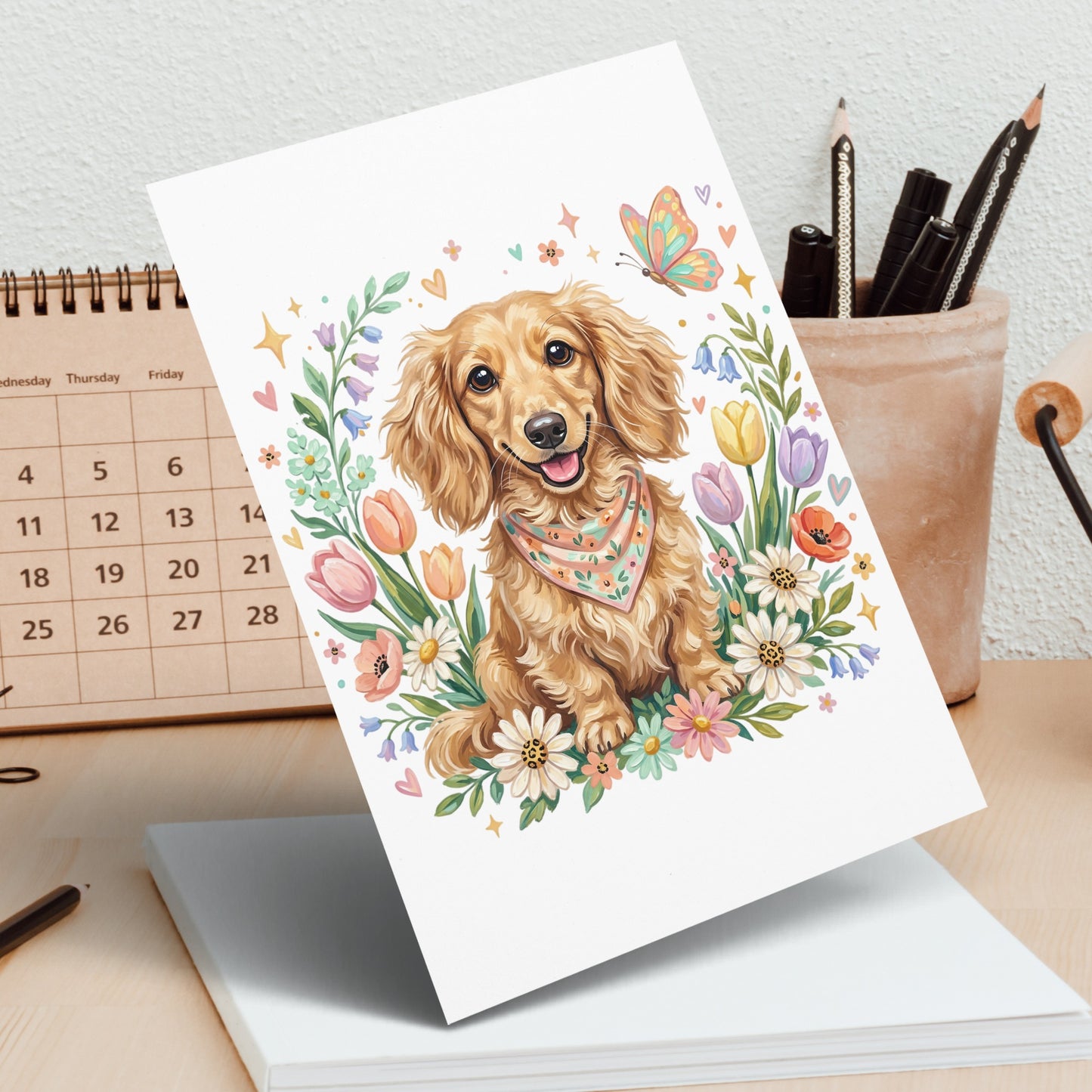 Cartoon dachshund wearing a bandana sits in a flower arrangement.