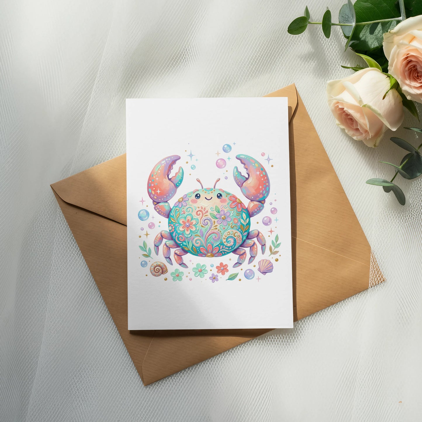Colorful ornate crab on a greeting card with roses and eucalyptus.