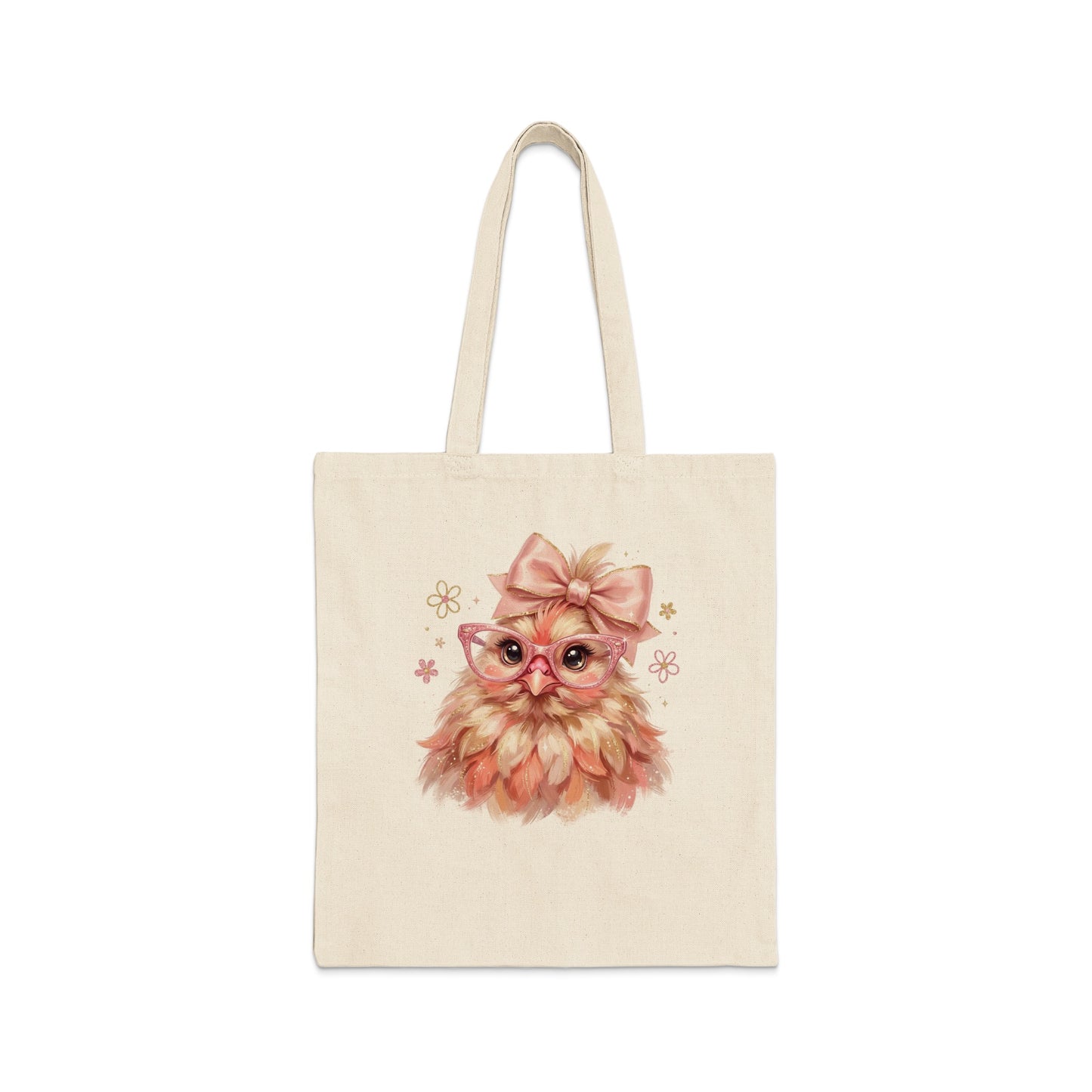 Cream tote bag with a cute watercolor illustration of a fluffy bird wearing pink glasses and a bow.