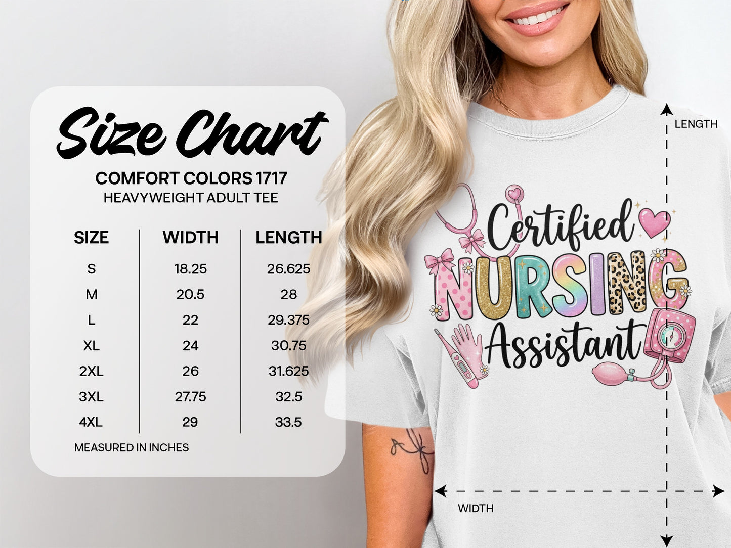 Size chart for a heavyweight adult tee with "Certified Nursing Assistant" graphic.