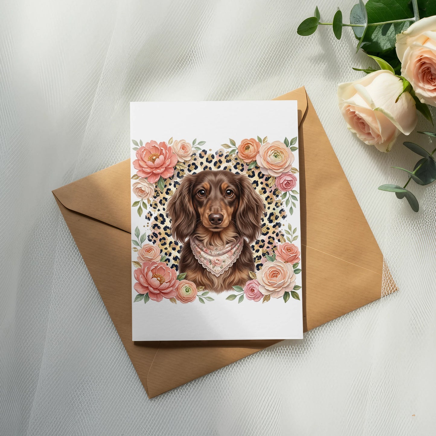 Dachshund on a card with floral and leopard print frame.